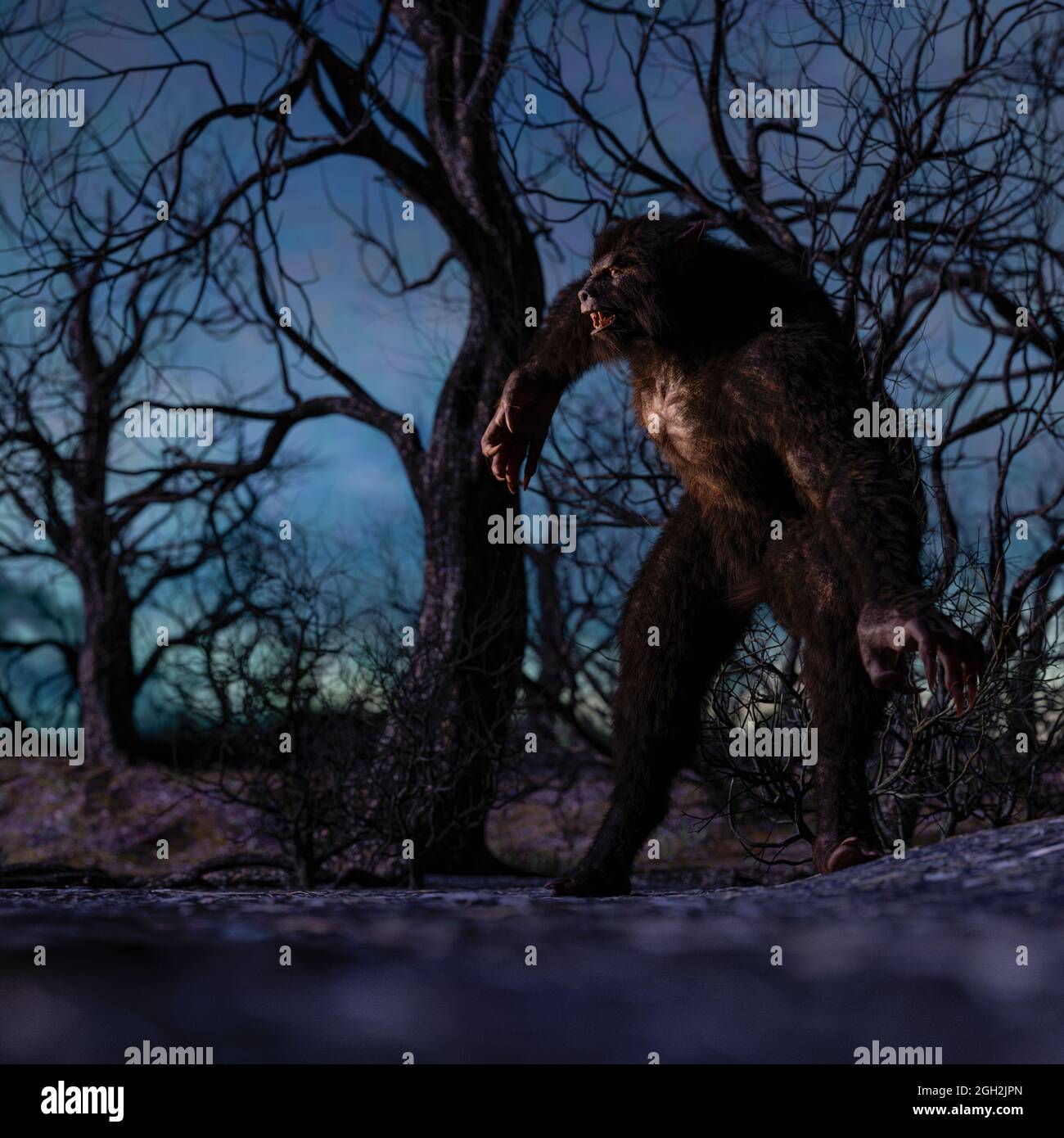 Illustration of a werewolf during the night in the creepy forest - 3d ...