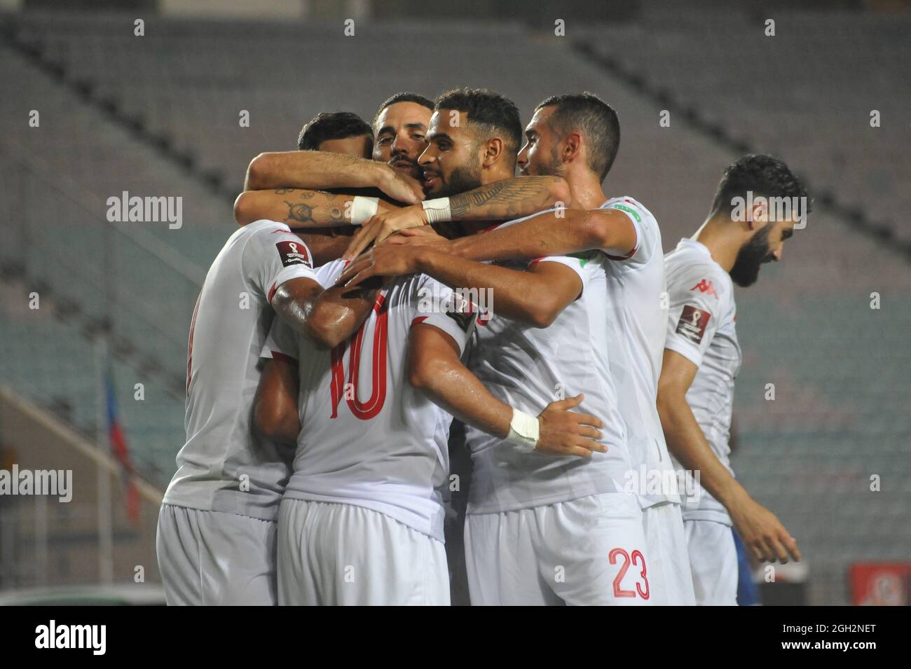 Tunis, Tunisia. 03rd Sep, 2021. Tunisia team celebrate after the goal  during a match of  the 2022 World Cup Qualifiers, between  Tunisia  and  Equatorial Guinea at Rades Olympic Stadium on  September 3, 2021 in Tunis, Tunisia.   (Photo by Hasan Mrad / Eyepix Group) Credit: Eyepix Group/Alamy Live News Stock Photo