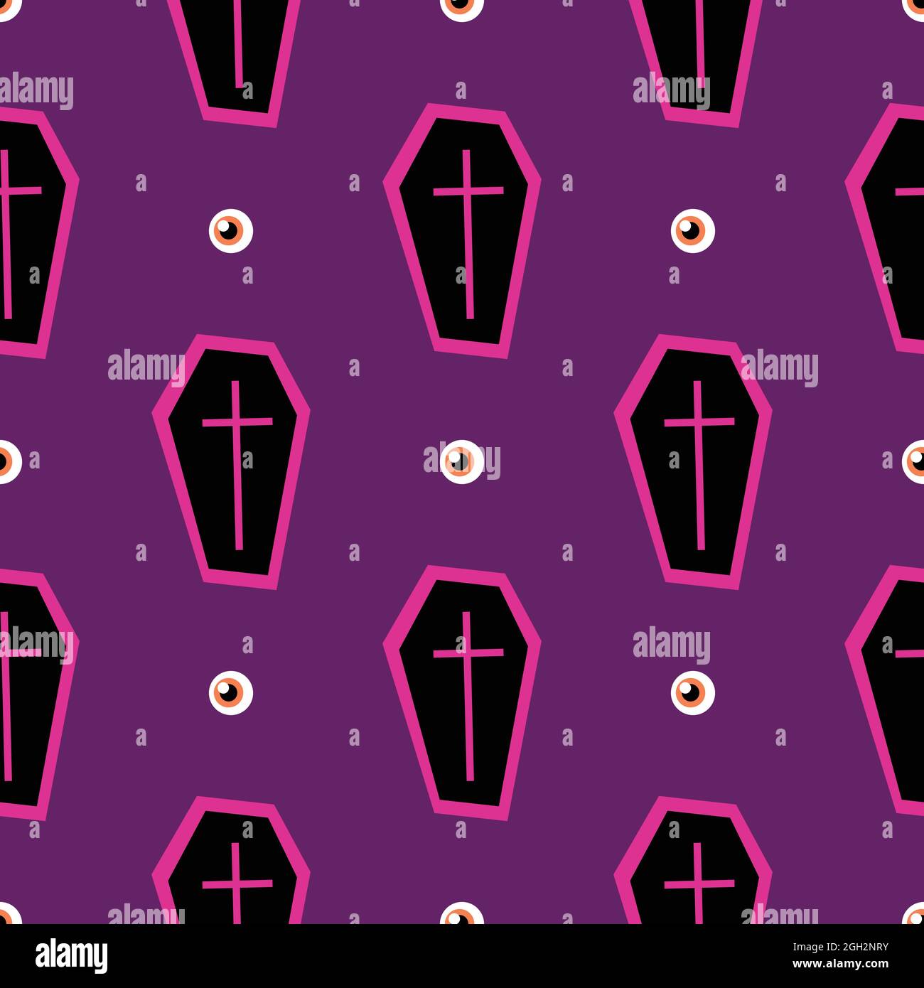 Seamless pattern - halloween coffin on a purple background. Cartoon