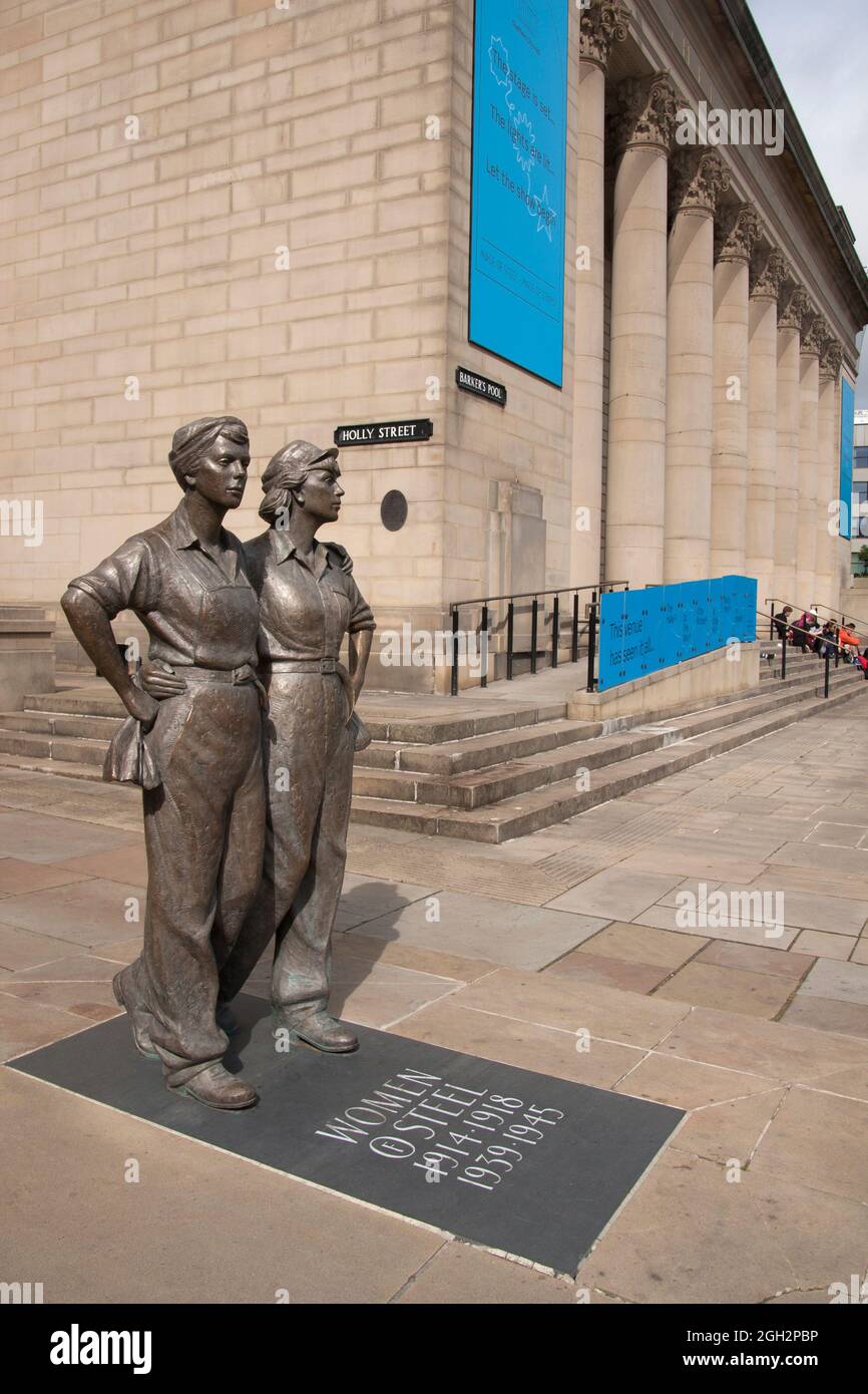 Statues In Sheffield Women of Steel bronze sculpture by City Hall, Barkers Pool, Sheffield ...