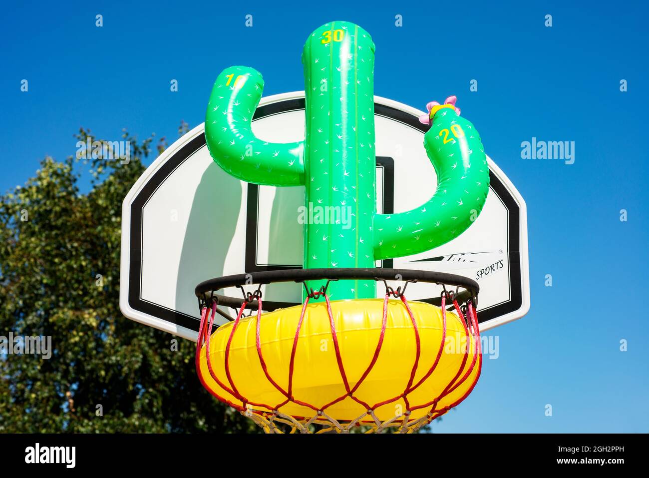 Inflatable catus in basketball hoop Stock Photo
