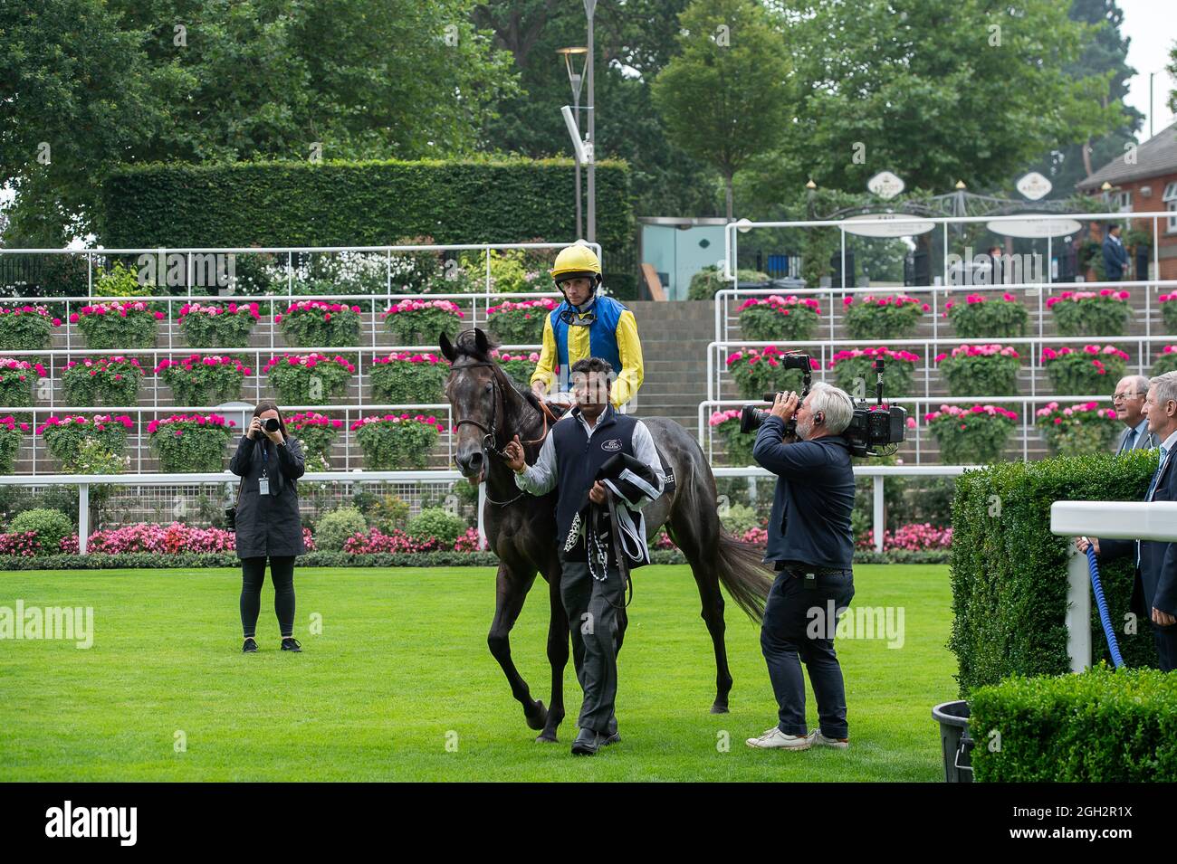 Ascot, Berkshire, UK. 4th September, 2021. Jockey Ryan Moore on horse Popmaster (yellow and blue silks) wins the Fever-Tree Handicap Stakes (Class 2). Owner Laurence Bellman, Trainer Ed Walker, Upper Lambourn, Breeder Grangemore Stud. Credit: Maureen McLean/Alamy Live News Stock Photo