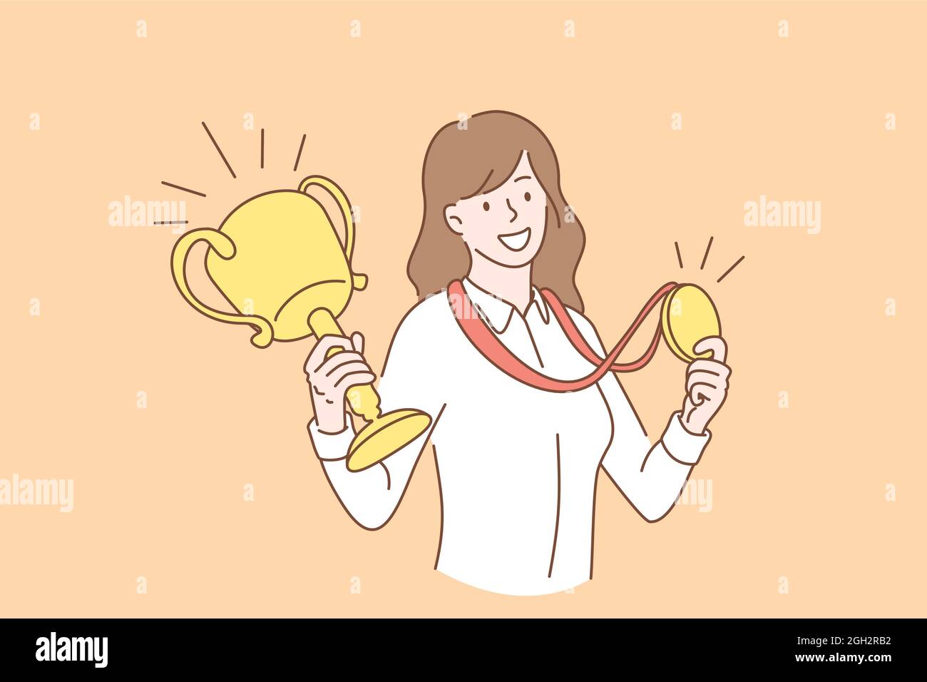 Business success and achievement concept. Young smiling business woman cartoon character standing holding golden medal and first prize trophy in hands vector illustration Stock Vector Image & Art - Alamy Business success and achievement concept. Young smiling business woman cartoon character standing holding golden medal and first prize trophy in hands vector illustration Stock Vector Image & Art - Alamy