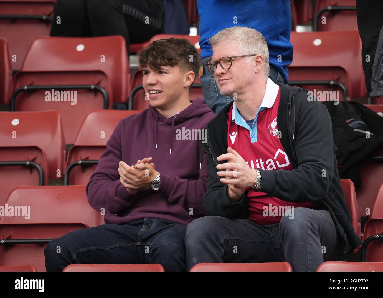 Northampton, UK. 04th Sep, 2021. Scunthorpe United supporters during the Sky Bet League 2 match between Northampton Town and Scunthorpe United at Sixfields Stadium, Northampton, England on 4 September 2021. Photo by Andy Rowland. Credit: PRiME Media Images/Alamy Live News Stock Photo