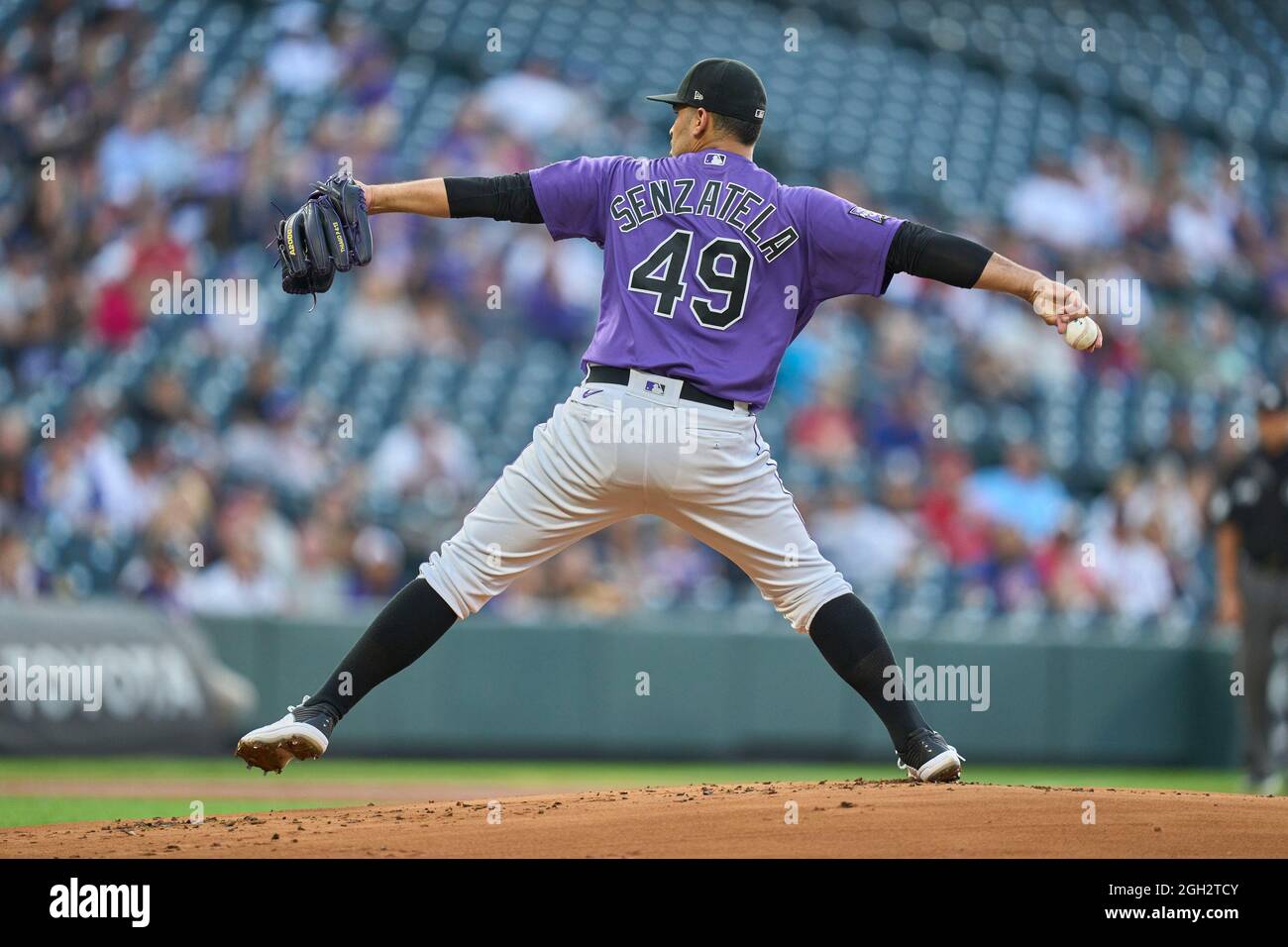 Denver CO, USA. 3rd Sep, 2021. Colorado pitcher Antonio Senzatela (49) throws a pitch during the game with Atlanta Braves and Colorado Rockies held at Coors Field in Denver Co. David Seelig/Cal Sport Medi. Credit: csm/Alamy Live News Stock Photo