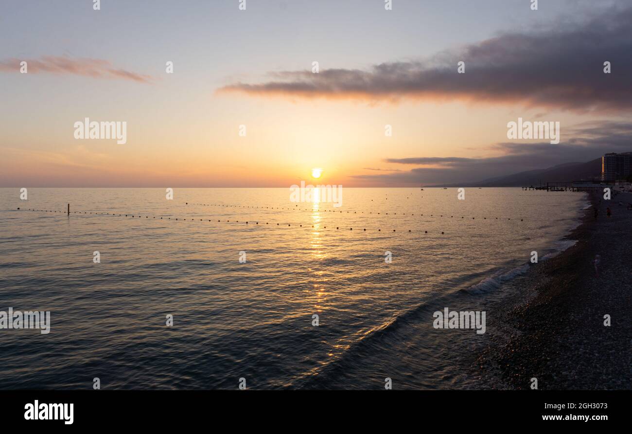 Amazing Beach Sunset Over Black Sea Lazarevskoye Sochi Russia Stock amazing-beach-sunset-over-black-sea-lazarevskoye-sochi-russia-stock