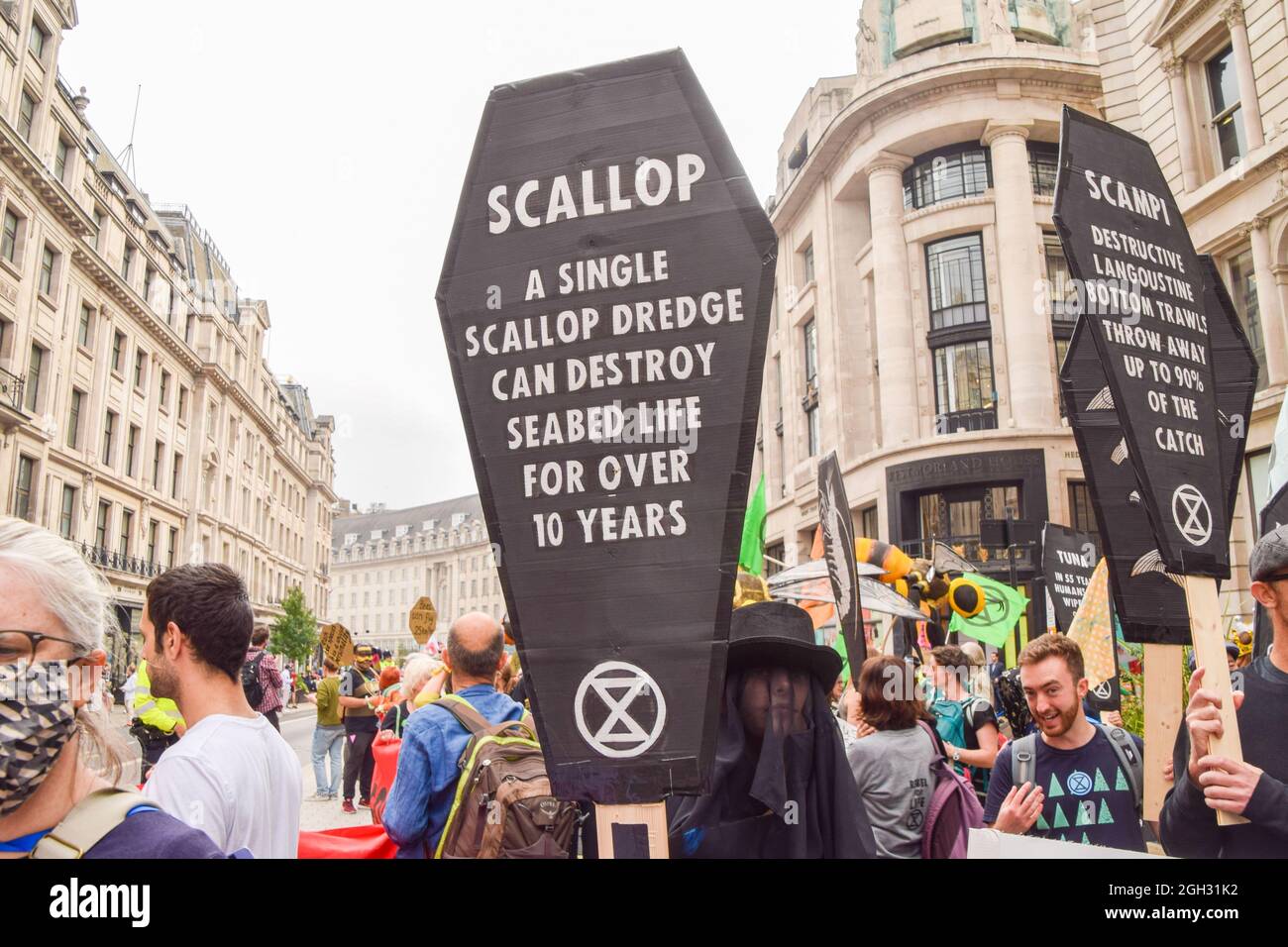 London, United Kingdom. 4th September 2021. Extinction Rebellion protesters in Regent Street during the March For Nature on the final day of their two-week Impossible Rebellion campaign, calling on the UK Government to act meaningfully on the climate and ecological crisis. (Credit: Vuk Valcic / Alamy Live News) Stock Photo