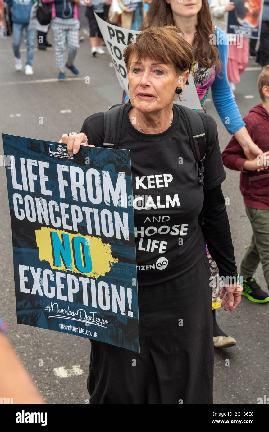 London, UK. 04th Sep, 2021. A protester holds a placard that says Life from conception no exception' during a protest in central London against abortions.Right to Life UK campaigns for the rights of unborn children and for a medical system and society where an increased support and practical care for women facing unplanned pregnancy. Credit: SOPA Images Limited/Alamy Live News Stock Photo