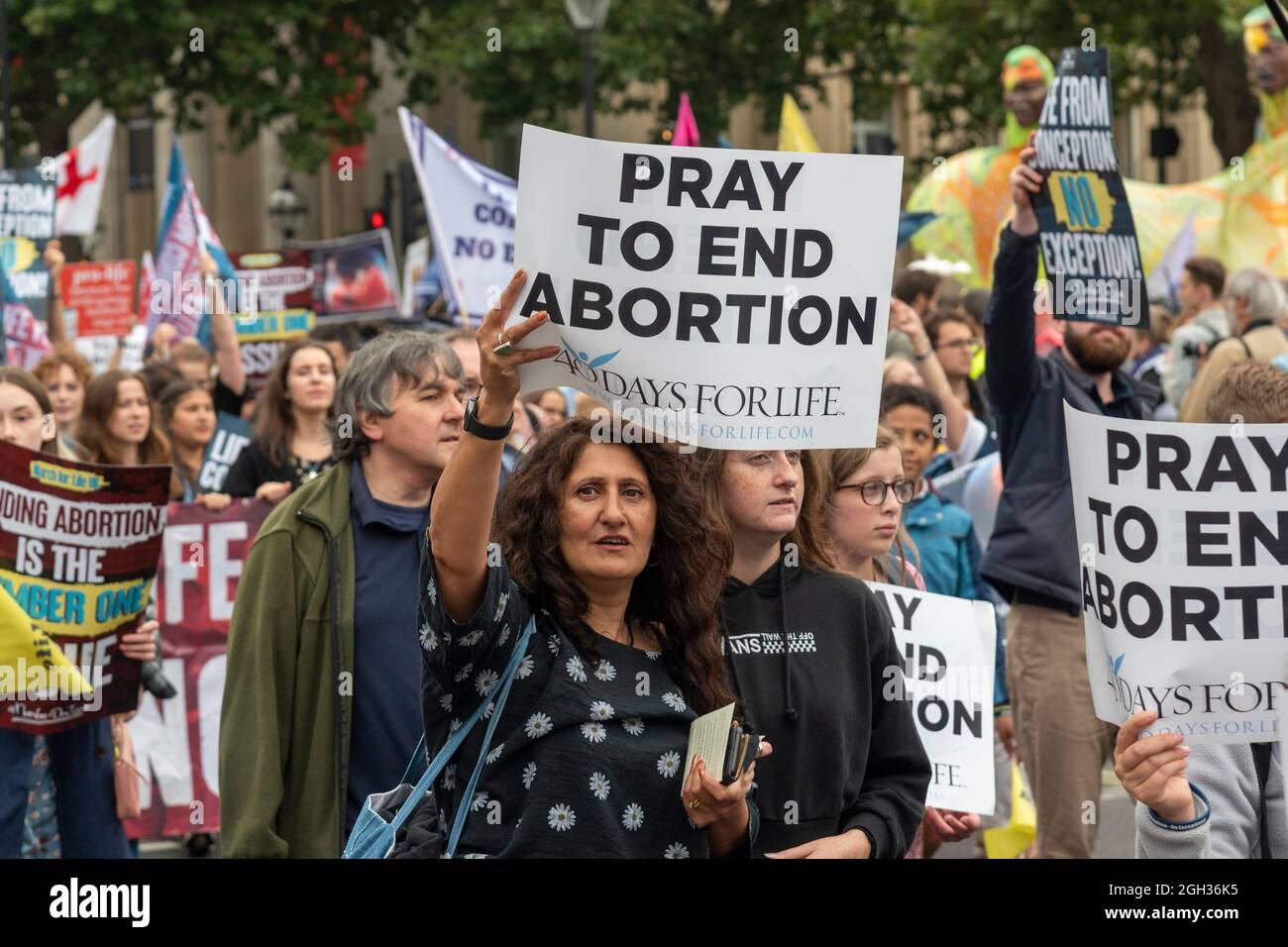 London, UK. 04th Sep, 2021. A protester holds a placard saying Pray to end abortion during a protest in central London against abortions.Right to Life UK campaigns for the rights of unborn children and for a medical system and society where an increased support and practical care for women facing unplanned pregnancy. Credit: SOPA Images Limited/Alamy Live News Stock Photo