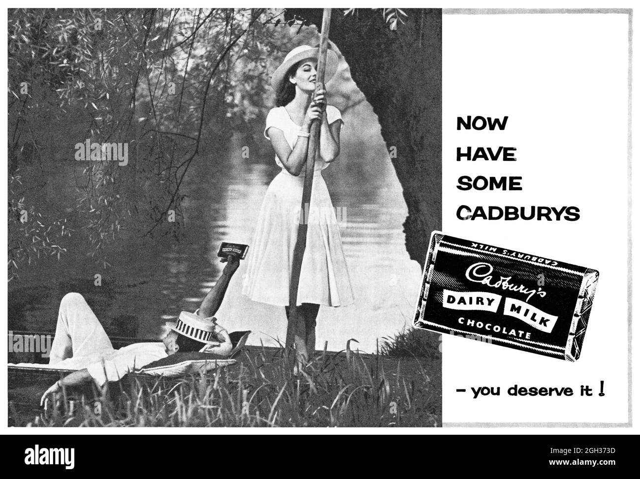 1959 British advertisement for Cadbury's Dairy Milk chocolate bar. Stock Photo