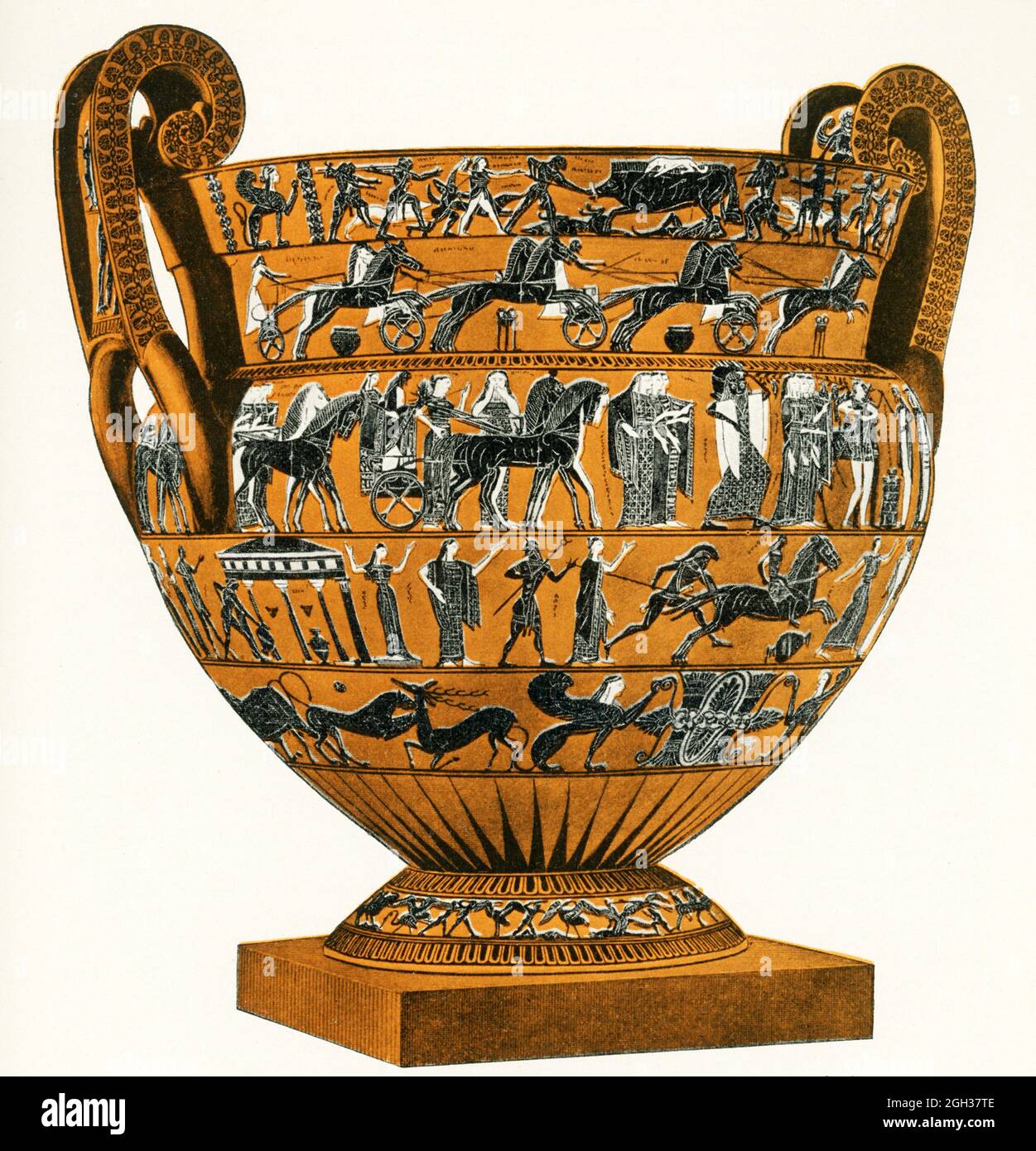 A major monument in the history of Greek pottery, the François Vase is a large (66 cm) volute krater in a black-figure design, signed both by the potter, Ergotimos, and the painter, Kleitias (also spelled Clitias). The Attic work has been dated to 570 BC. In 1900, a disgruntled museum guard threw a stool at the case and smashed the François Vase to 638 pieces! It was restored in by Pietro Zei, incorporating the Strozzi fragment, but missing another piece which had been stolen. That piece was returned in 1904. A new reconstruction was performed in 1973. Today the krater is located in the Floren Stock Photo