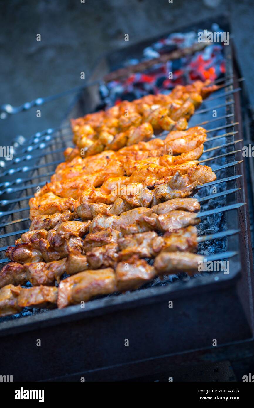 Barbecue. Fried shish kebab from pork meat. Fried chicken meat. Lamb on