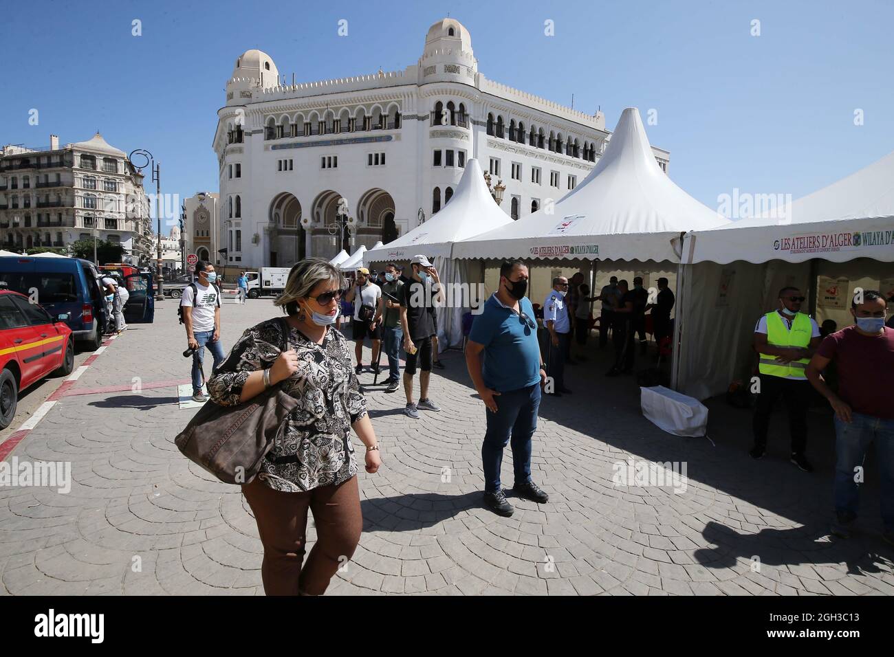 Algiers. 4th Sep, 2021. A woman walks past a vaccination site in Algiers, Algeria, on Sept. 4, 2021. Algeria on Saturday launched a wide vaccination campaign against COVID-19 aimed at reaching herd immunity as soon as possible by vaccinating the largest number of people. Credit: Xinhua/Alamy Live News Stock Photo