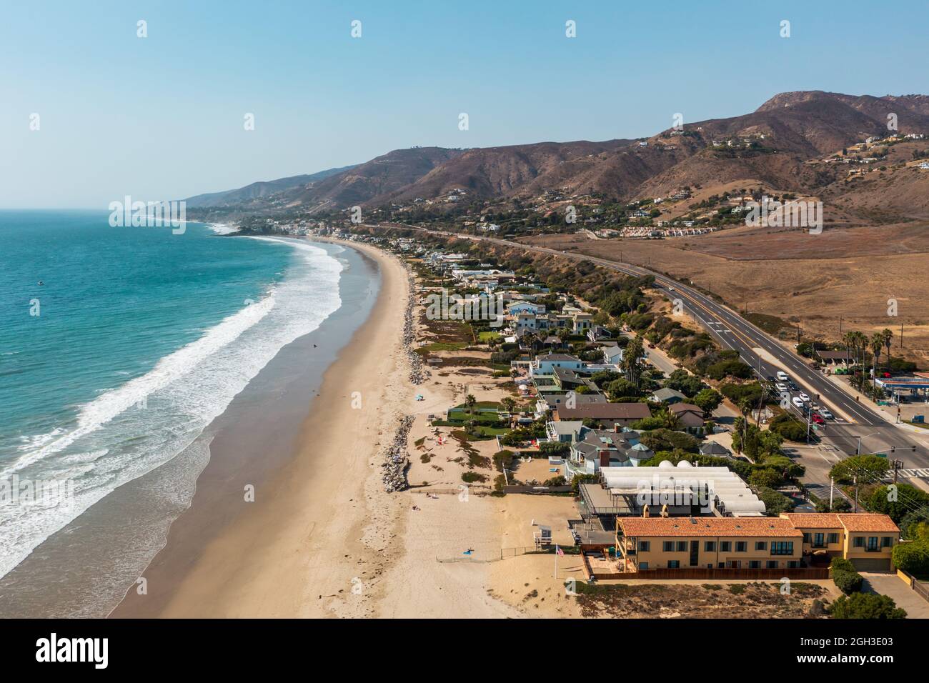 Luxury beachfront properties in Malibu, California, drone view Stock Photo