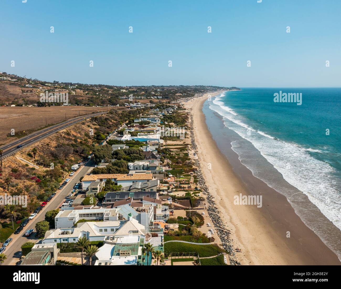 Luxury beachfront properties in Malibu, California, drone view Stock Photo