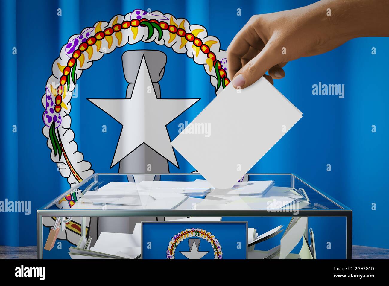 Northern Mariana Islands flag, hand dropping ballot card into a box