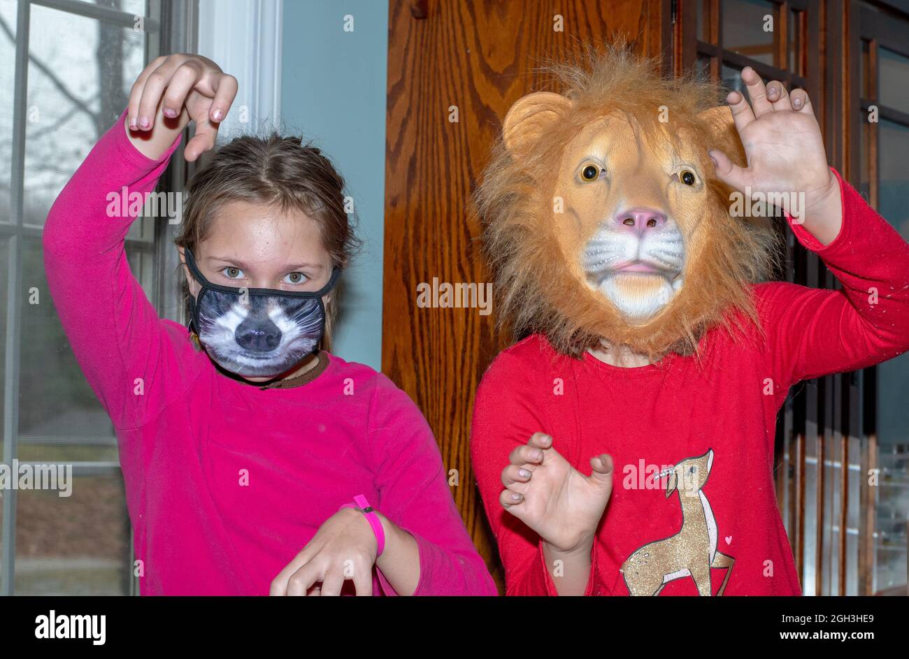 Two girls model animal masks in this funny photo Stock Photo Alamy