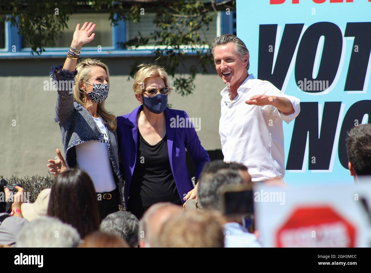 Los Angeles, USA. 04th Sep, 2021. First Partner Jennifer Siebel Newsom, Senator Elizabeth Warren and Governor Gavin Newsom at a 'Vote No' rally in Los Angeles, California on September 4, 2021. (Photo by Conor Duffy/Sipa USA) Credit: Sipa USA/Alamy Live News Stock Photo