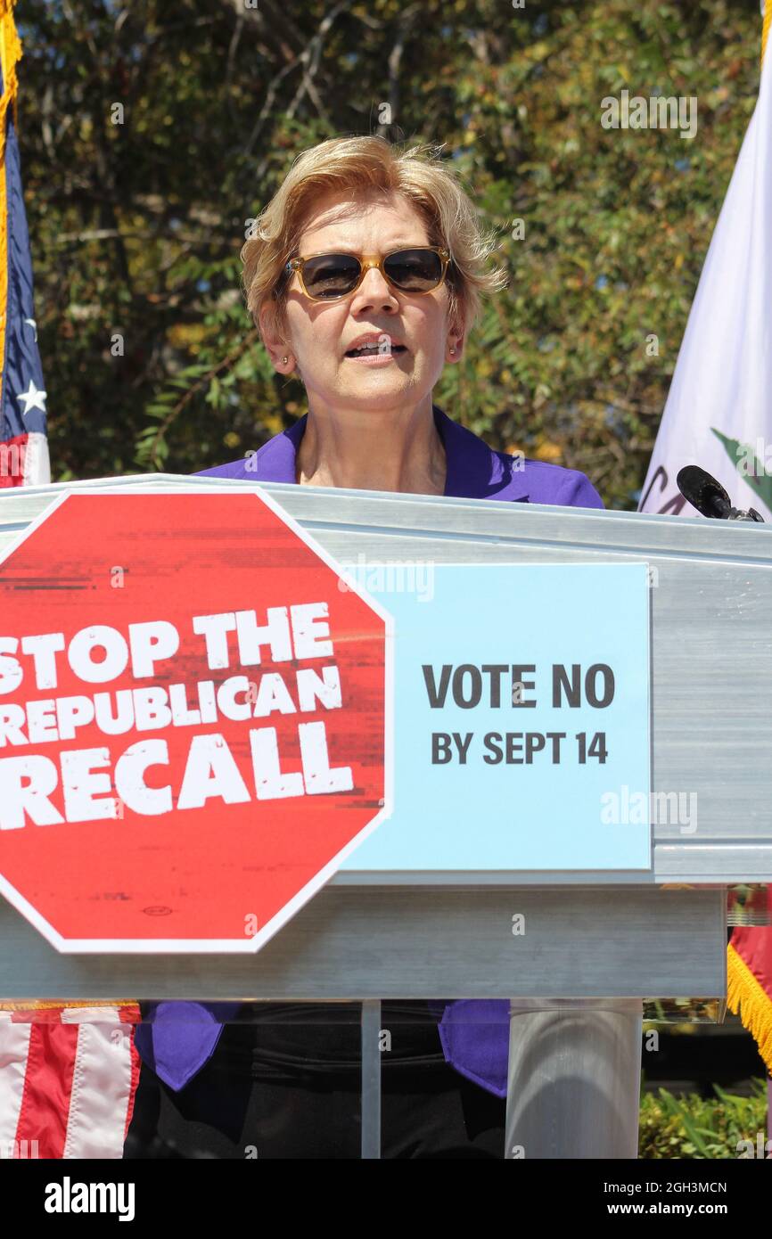 Los Angeles, USA. 04th Sep, 2021. Senator Elizabeth Warren speaks on stage and campaigns for Governor Gavin Newsom at a 'Vote No' rally in Los Angeles, California on September 4, 2021. (Photo by Conor Duffy/Sipa USA) Credit: Sipa USA/Alamy Live News Stock Photo