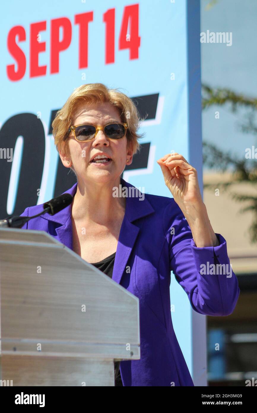 Los Angeles, USA. 04th Sep, 2021. Senator Elizabeth Warren speaks on stage and campaigns for Governor Gavin Newsom at a 'Vote No' rally in Los Angeles, California on September 4, 2021. (Photo by Conor Duffy/Sipa USA) Credit: Sipa USA/Alamy Live News Stock Photo