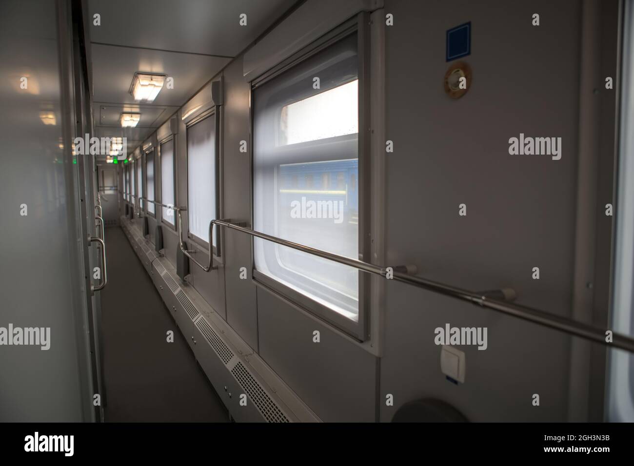 classic interior of sleeping car of train. interior of compartment car. Passenger train car. Sleeping car of passenger train Stock Photo