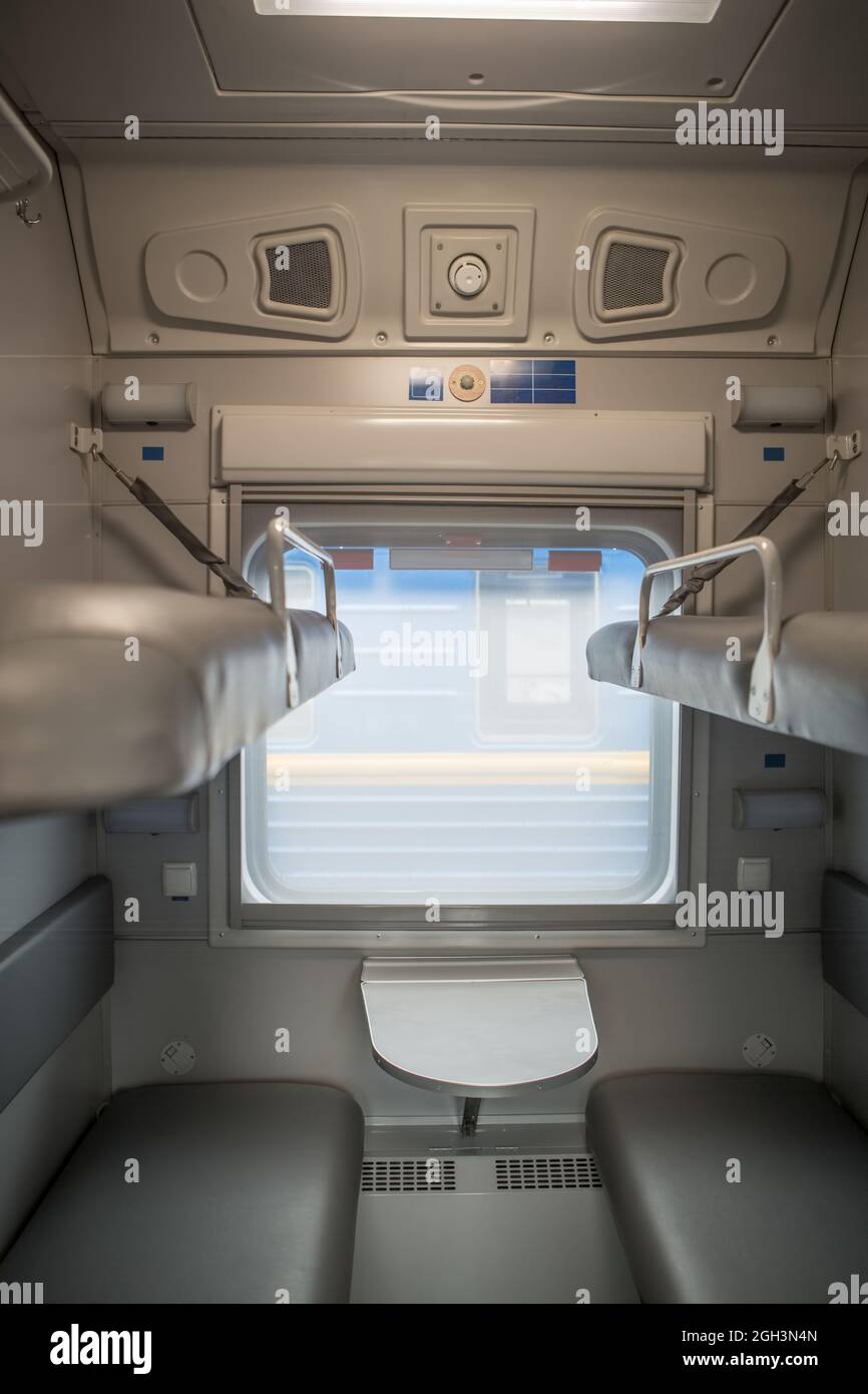 classic interior of sleeping car of train. interior of compartment car ...