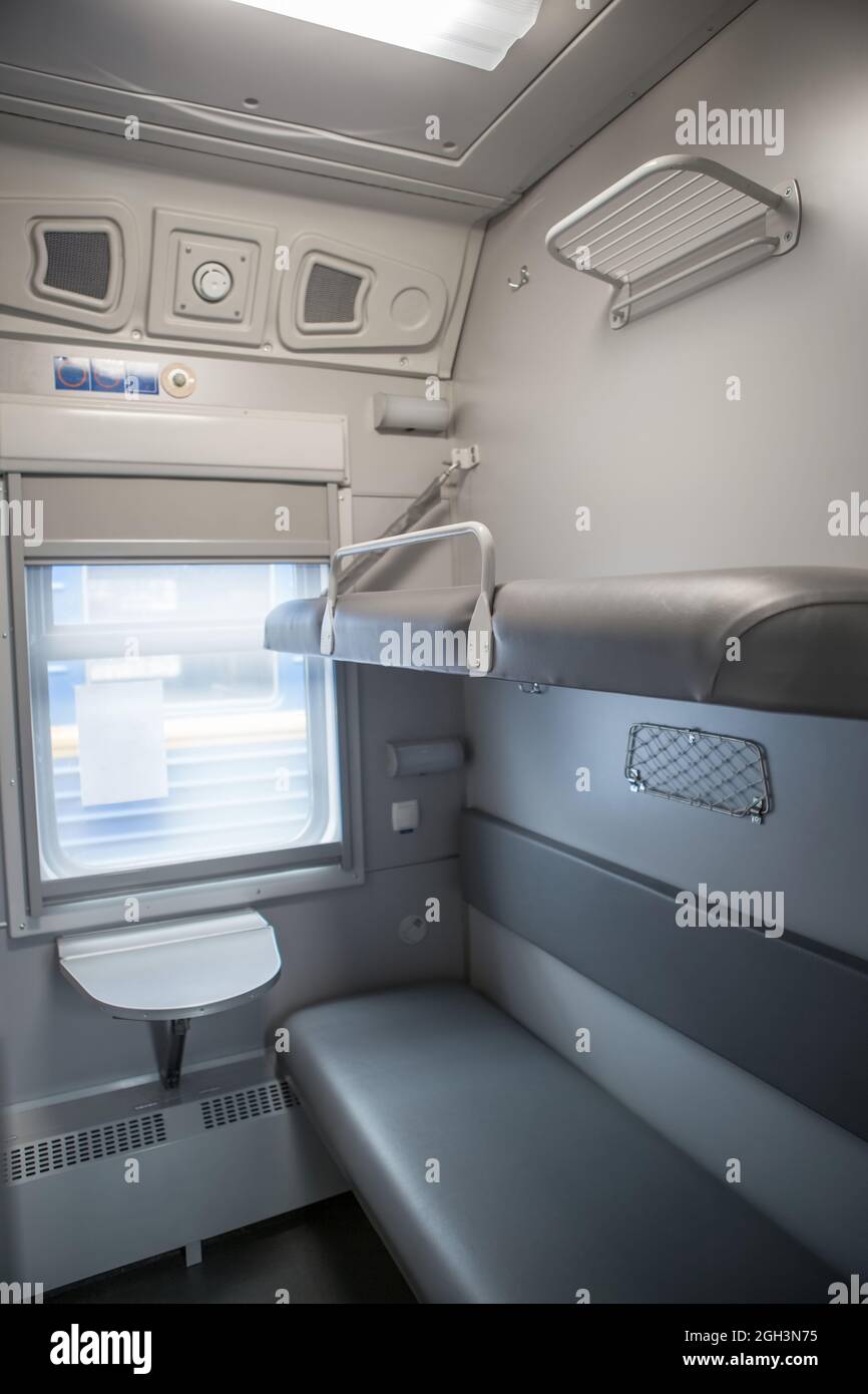 classic interior of sleeping car of train. interior of compartment car ...