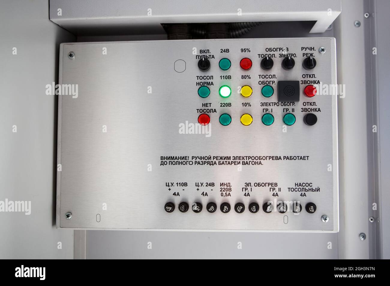 Typical Console for controlling the passenger train car systems. Controll console of sleeping car systems of a railway train. Stock Photo