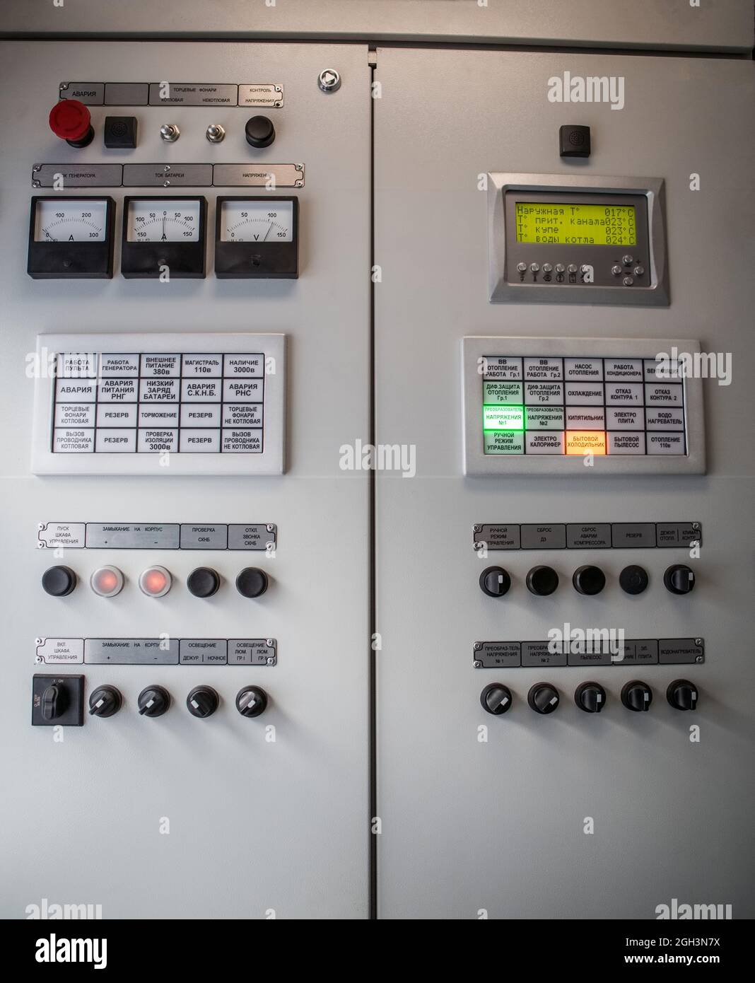 Typical Console for controlling the passenger train car systems. Controll console of sleeping car systems of a railway train. Stock Photo
