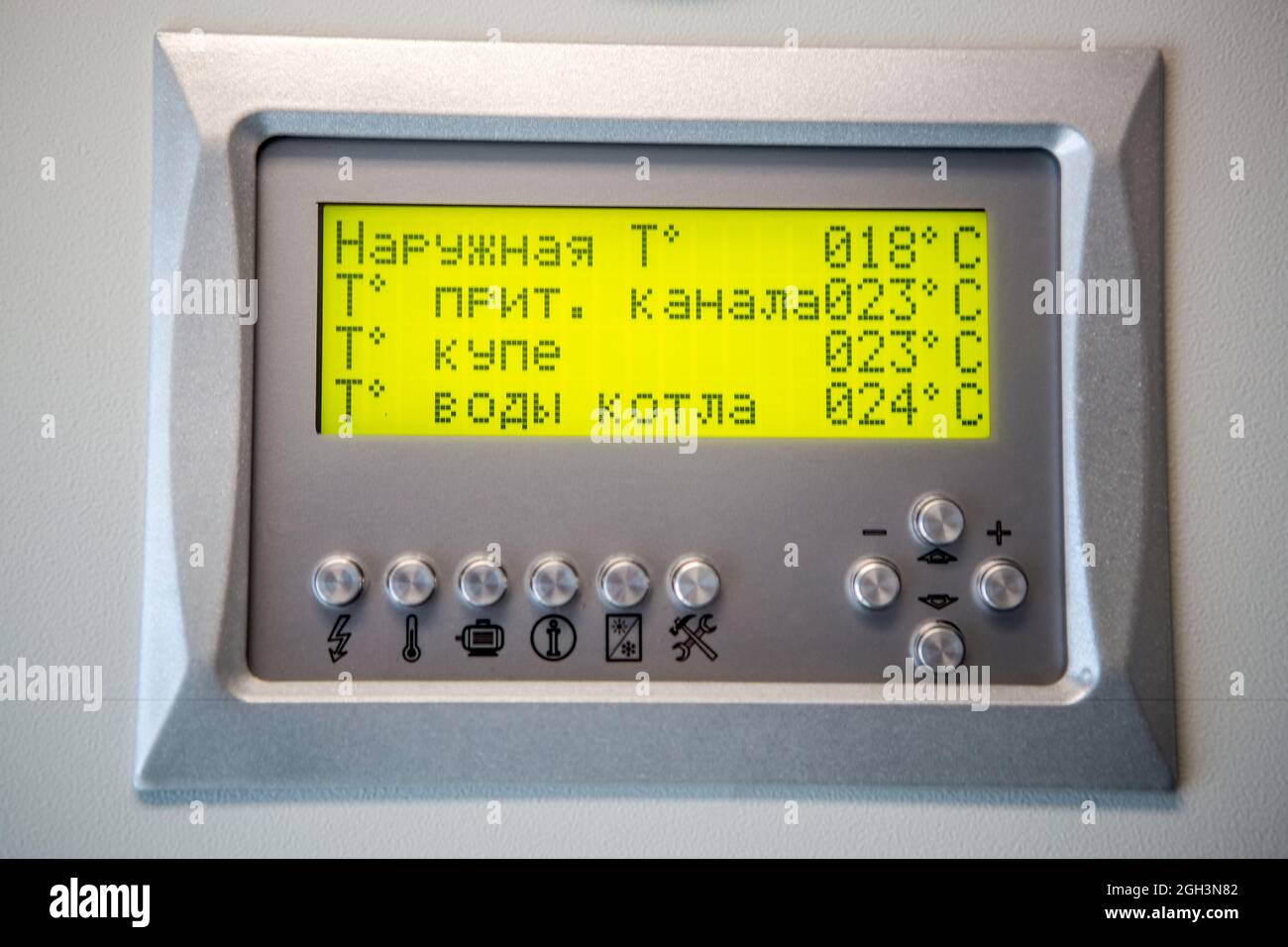 Typical Console for controlling the passenger train car systems. Controll console of sleeping car systems of a railway train. Stock Photo