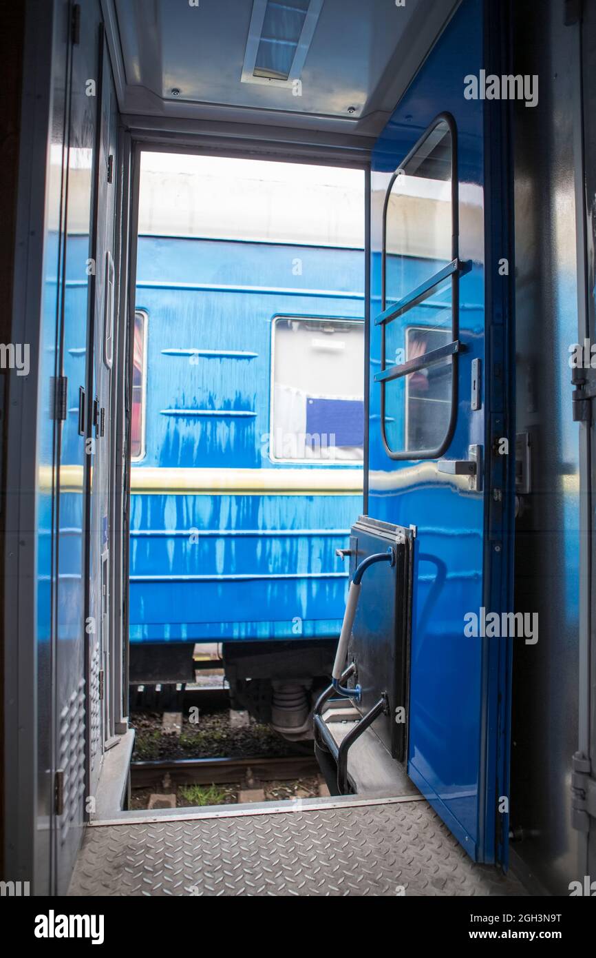 classic interior entrance to the passenger train Stock Photo