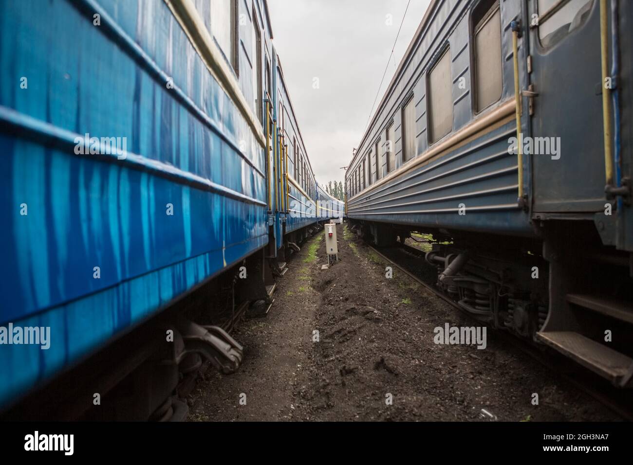 Classical cars of passenger train from outside. Many passenger cars