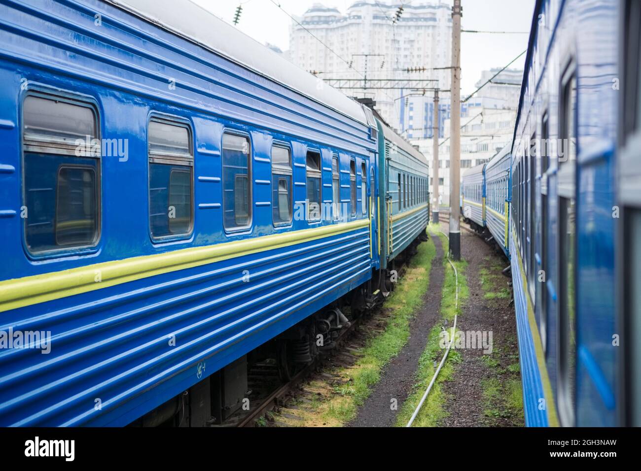 Classical cars of passenger train from outside. Many passenger cars