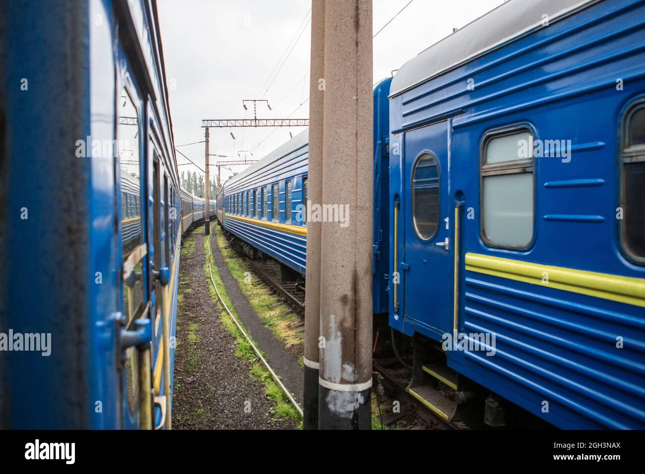 Classical cars of passenger train from outside. Many passenger cars