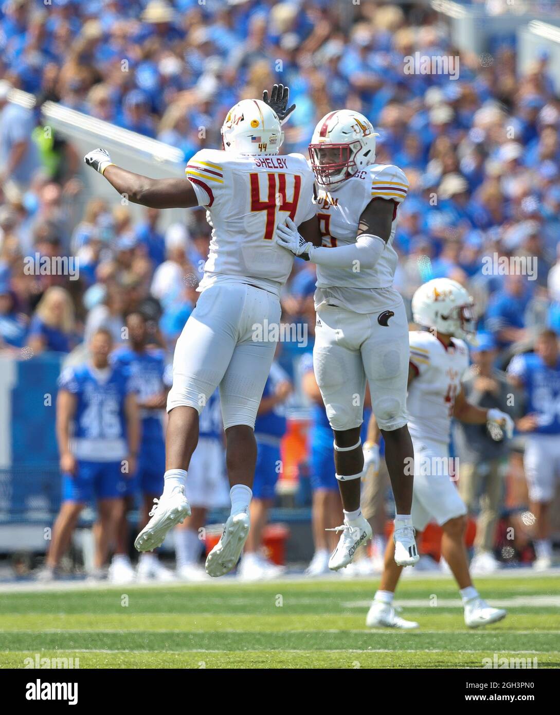 Lexington, KY, USA. 4th Sep, 2021. ULM's Zack Woodard 9 and Ty Shelby 44 celebrate a big