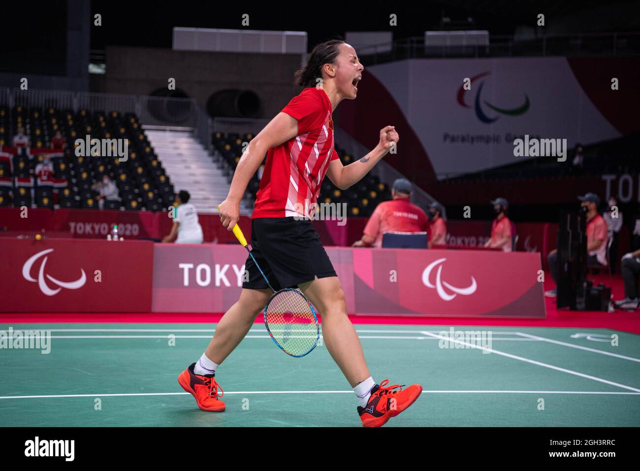 Tokyo, Japan. 5th Sep, 2021. Cheng Hefang of China celebrates during the women's singles SL4 gold medal match against Oktila Leani Ratri of Indonesia at the badminton event of the Tokyo 2020 Paralympic Games in Tokyo, Japan, Sept. 5, 2021. Credit: Cheong Kam Ka/Xinhua/Alamy Live News Stock Photo