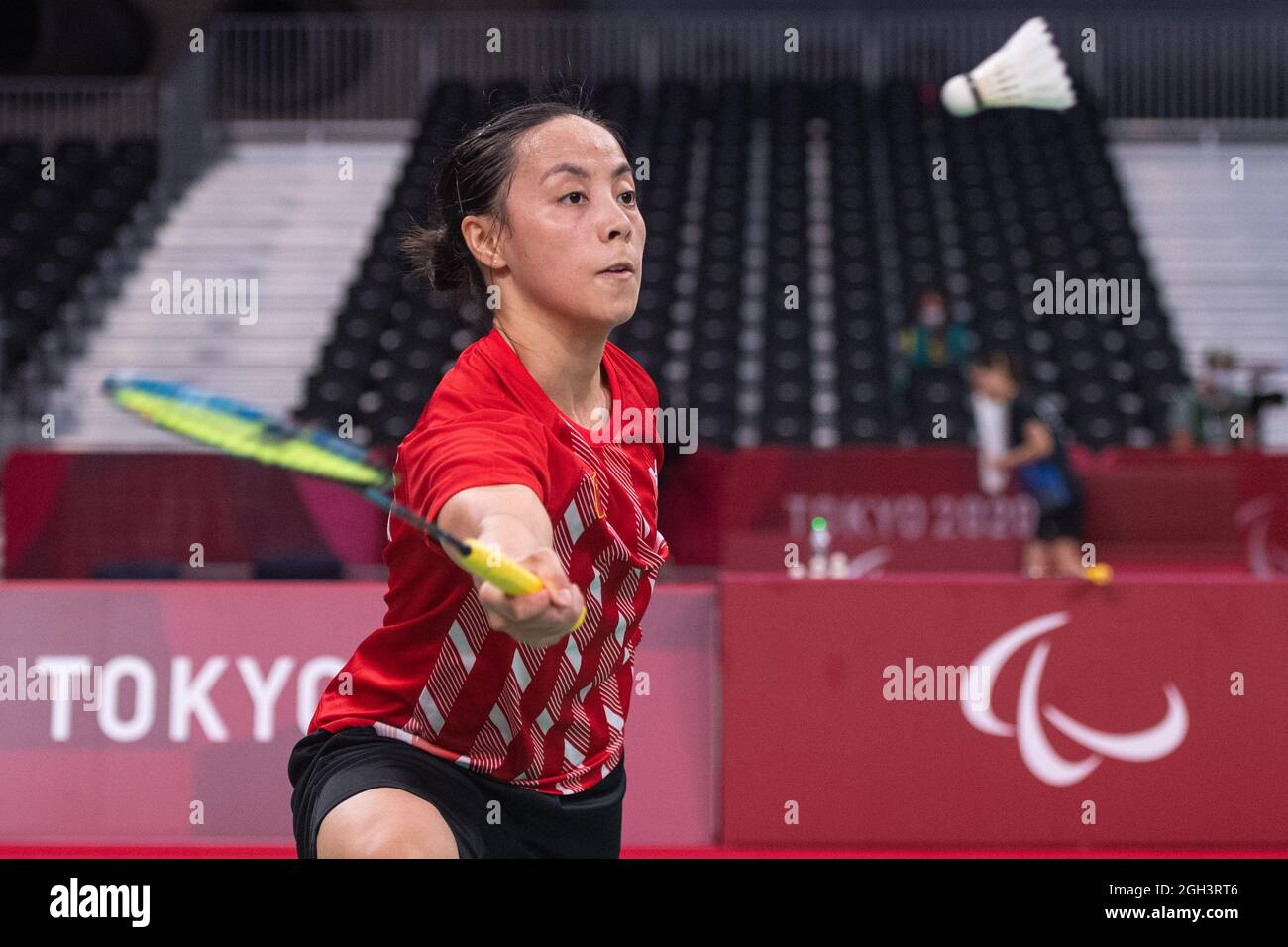 Tokyo, Japan. 5th Sep, 2021. Cheng Hefang of China hits a return during the women's singles SL4 gold medal match against Oktila Leani Ratri of Indonesia at the badminton event of the Tokyo 2020 Paralympic Games in Tokyo, Japan, Sept. 5, 2021. Credit: Cheong Kam Ka/Xinhua/Alamy Live News Stock Photo