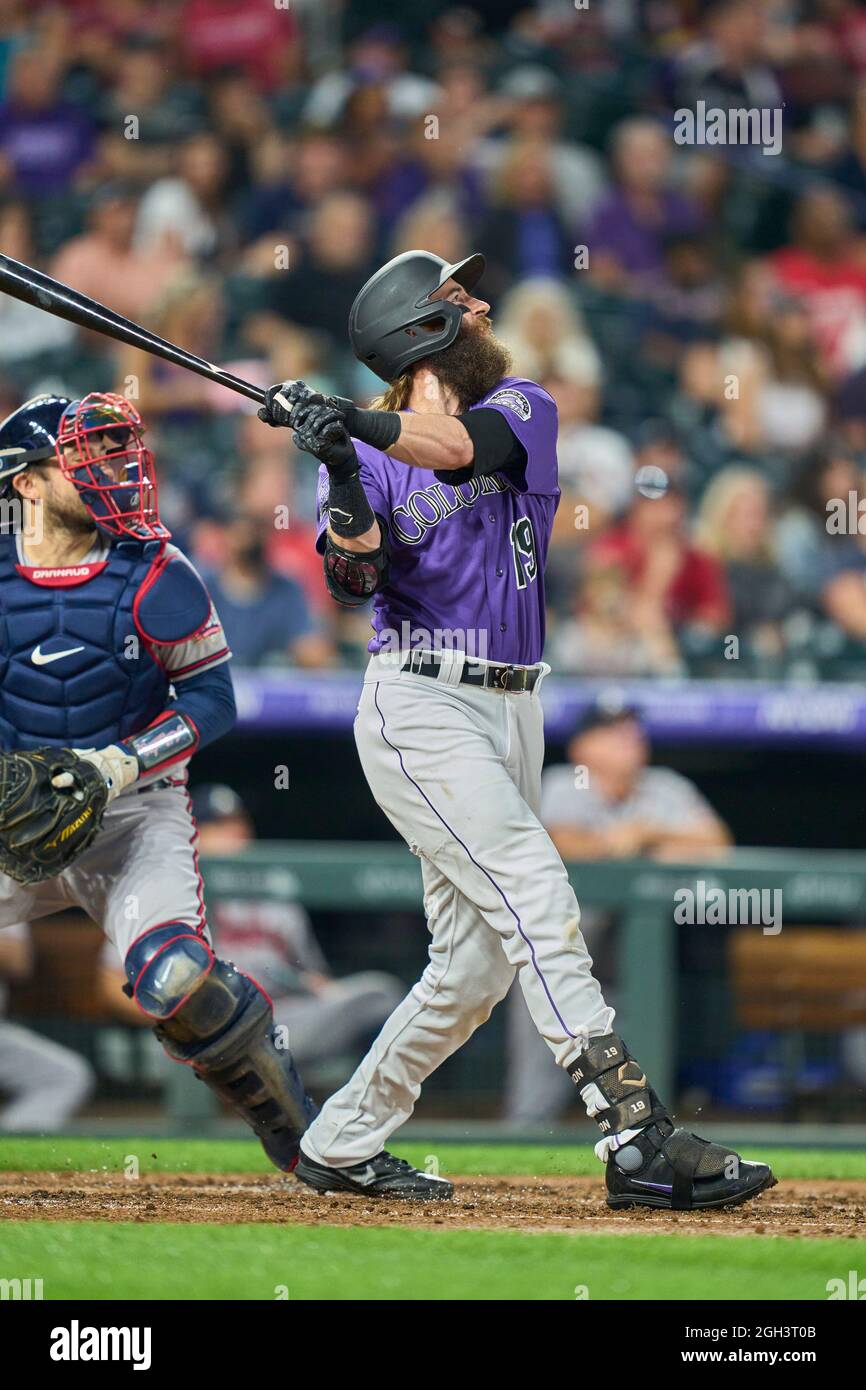 August 4 2021: Colorado Rockies outfielder Connor Joe (9) during batting  practice before the game with Colorado Rockies held at Coors Field in  Denver Co. David Seelig/Cal Sport Medi(Credit Image: © David