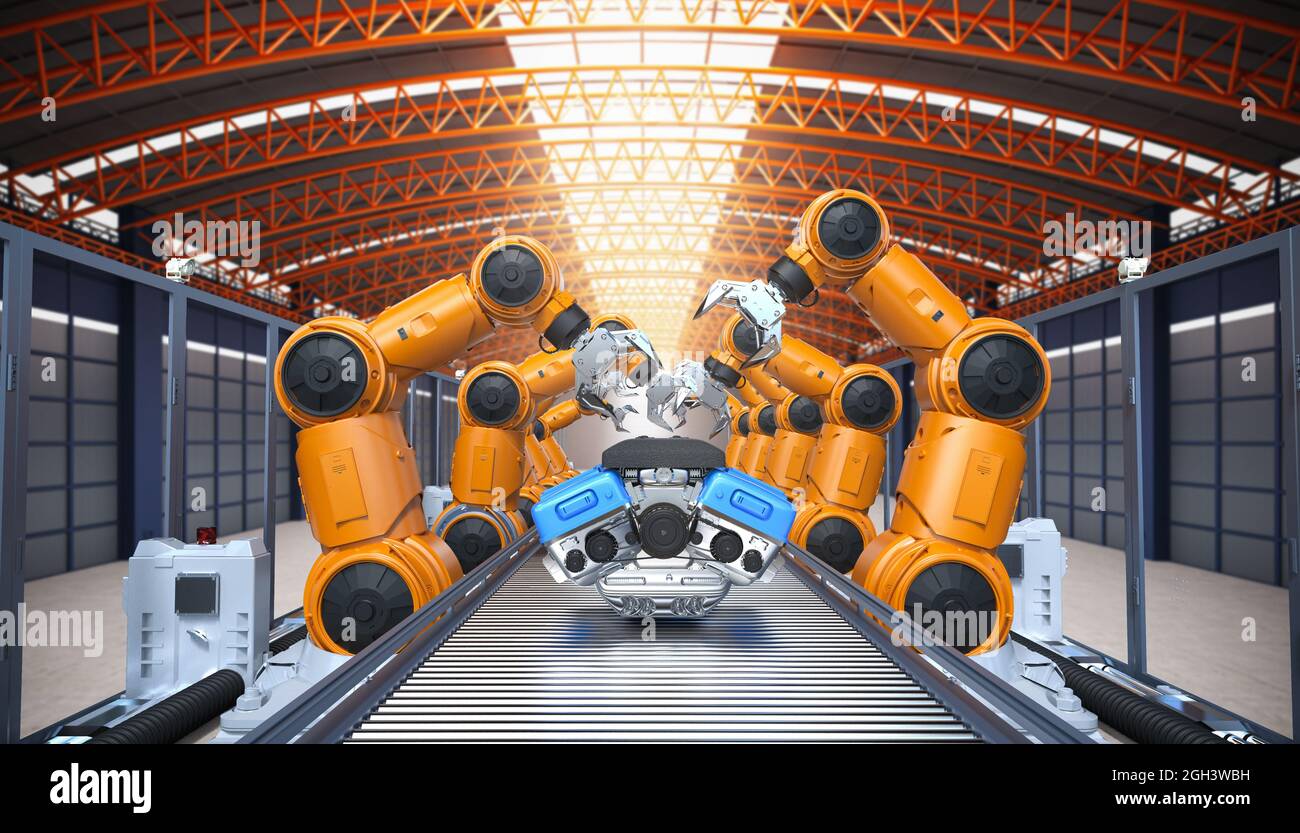 Automation automobile factory concept with 3d rendering robot assembly line with car engine or machine in factory Stock Photo - Alamy Automation automobile factory concept with 3d rendering robot assembly line with car engine or machine in factory Stock Photo - Alamy