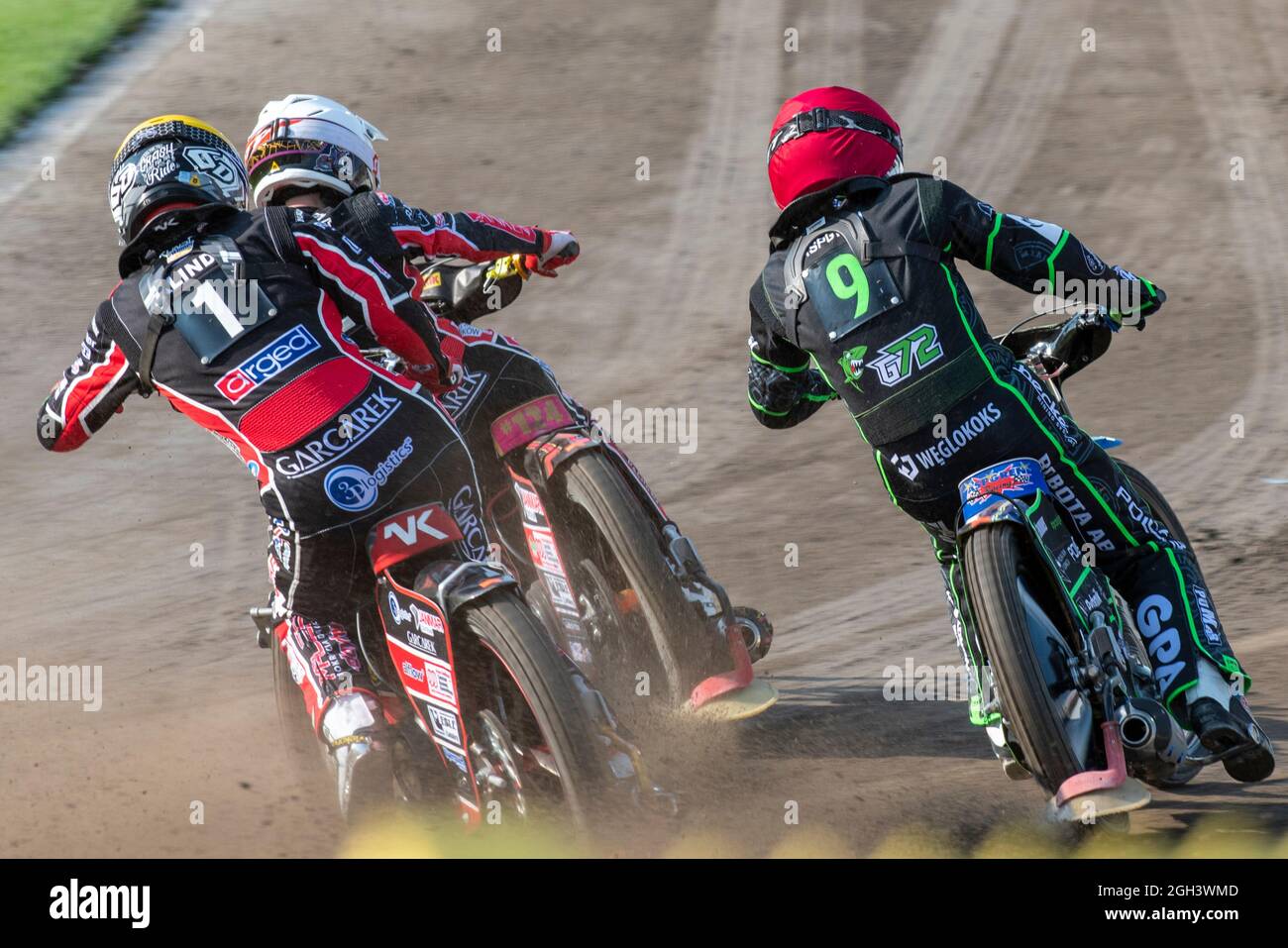 Rybnik, Poland. 04th Sep, 2021. Nicolai KLINDT of Ostrovia (yellow), Jakub KRAWCZYK of Ostrovia (white) and Pontus ASPGREN of ROW (red) in Heat7 during eWinner Division One Speedway League Play-off match between K.S. ROW Rybnik and ARGED Malesa TZ OSTROVIA at Municipal Stadium in Rybnik, Poland on September 4, 2021 (Photo by Andrew SURMA/ Credit: Sipa USA/Alamy Live News Stock Photo