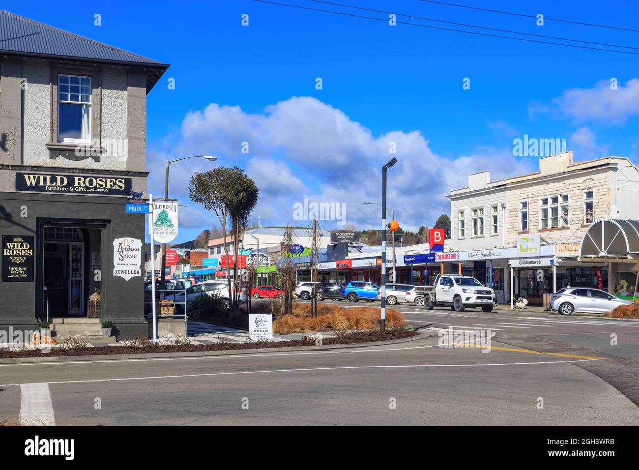 Taihape, a small town in the North Island of New Zealand. The main shopping area of the town, on State Highway 1 Stock Photo