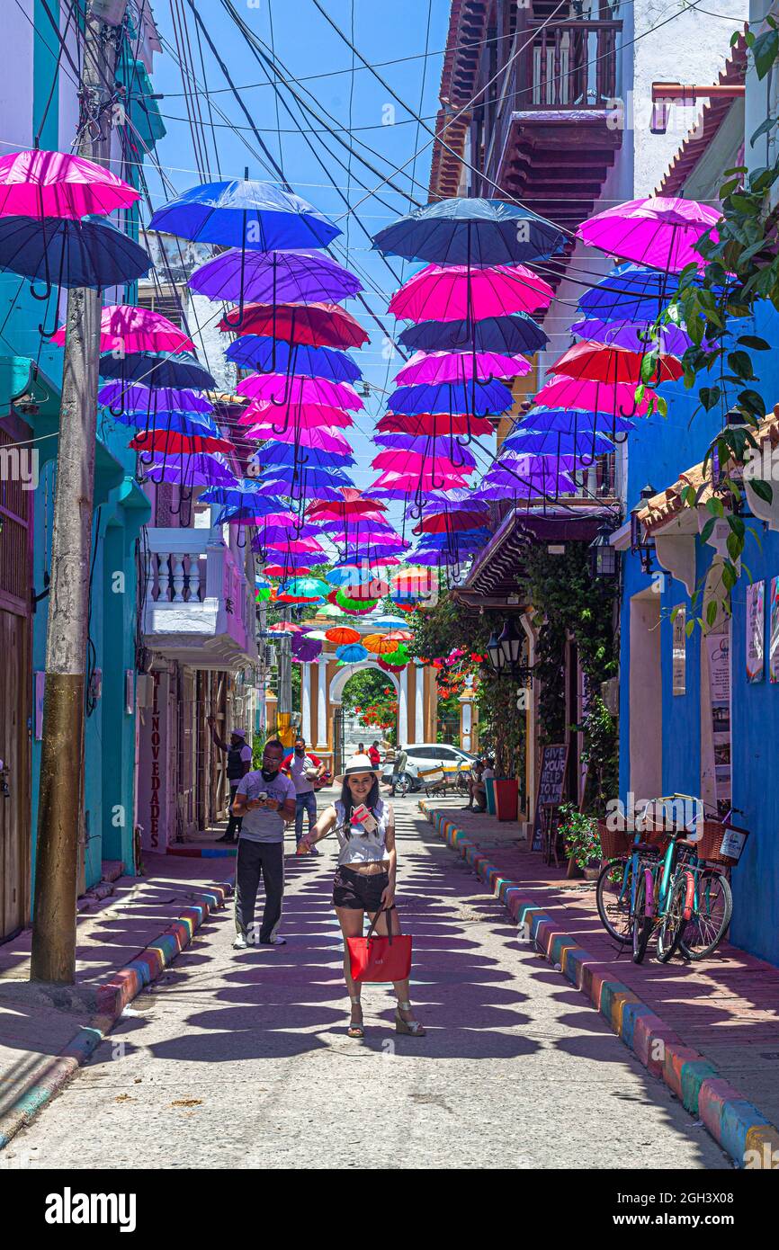 Colorful umbrellas hanging overhead hires stock photography and images