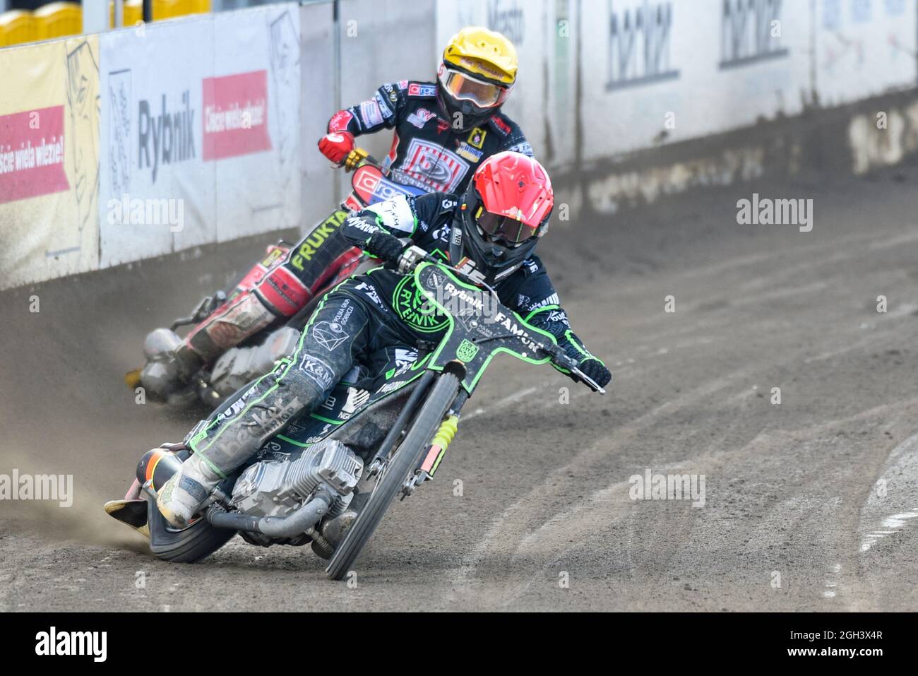 Rybnik, Poland. 04th Sep, 2021. Michael JEPSEN JENSEN of ROW (red) in action on the track in Heat 12 during eWinner Division One Speedway League Play-off match between K.S. ROW Rybnik and ARGED Malesa TZ OSTROVIA at Municipal Stadium in Rybnik, Poland on September 4, 2021 (Photo by Andrew SURMA/ Credit: Sipa USA/Alamy Live News Stock Photo