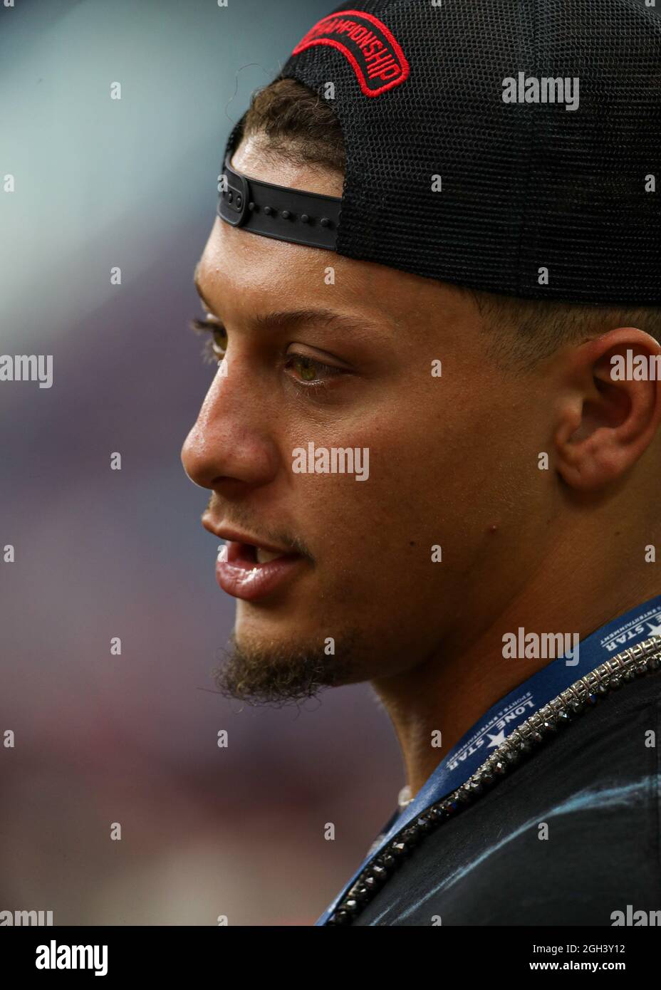 September 4, 2021: Kansas City Chiefs quarterback Patrick Mahomes on the sidelines before the start of an NCAA football game between Houston and Texas Tech on September 4, 2021 in Houston, Texas. (Credit Image: © Scott Coleman/ZUMA Press Wire) Stock Photo