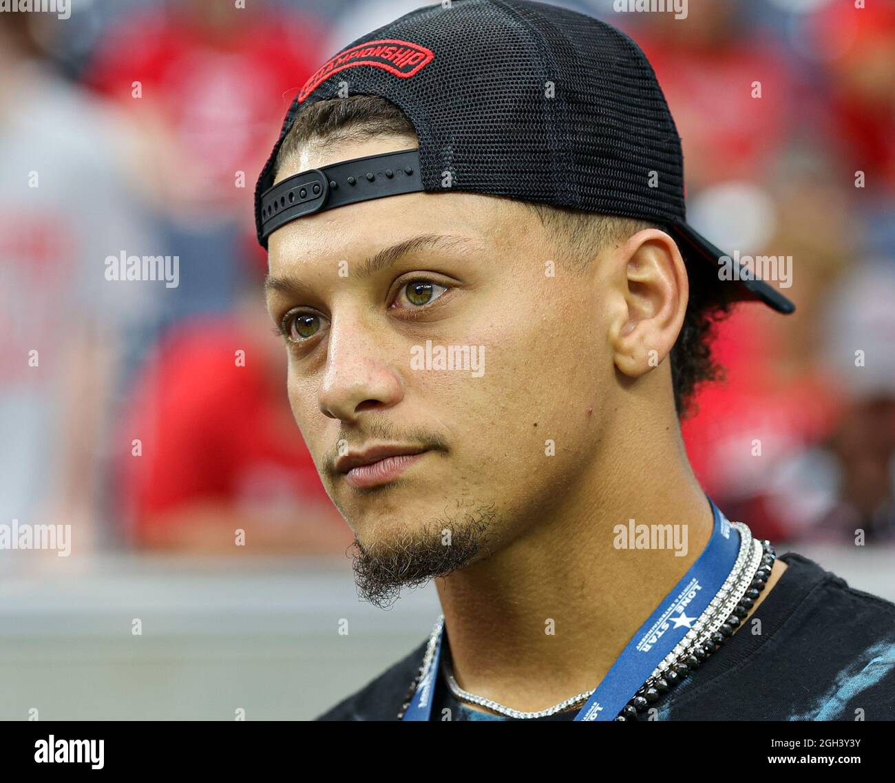 September 4, 2021: Kansas City Chiefs quarterback Patrick Mahomes on the sidelines before an NCAA football game between Houston and Texas Tech on September 4, 2021 in Houston, Texas. (Credit Image: © Scott Coleman/ZUMA Press Wire) Stock Photo