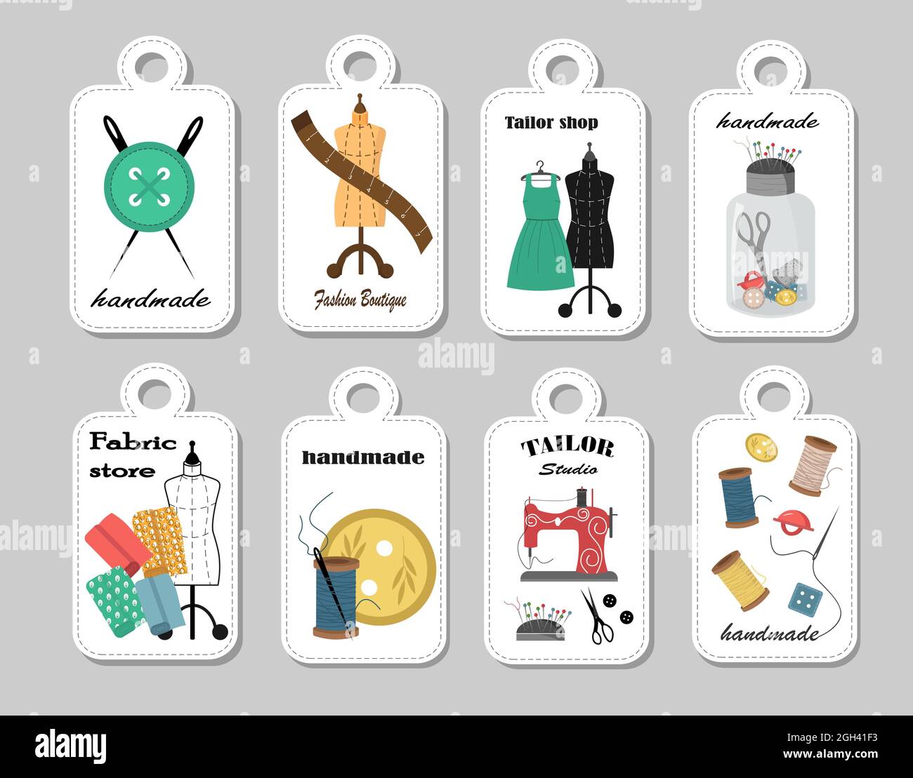 A set of tags with drawings of sewing tools. Sewing machine, fabric and
