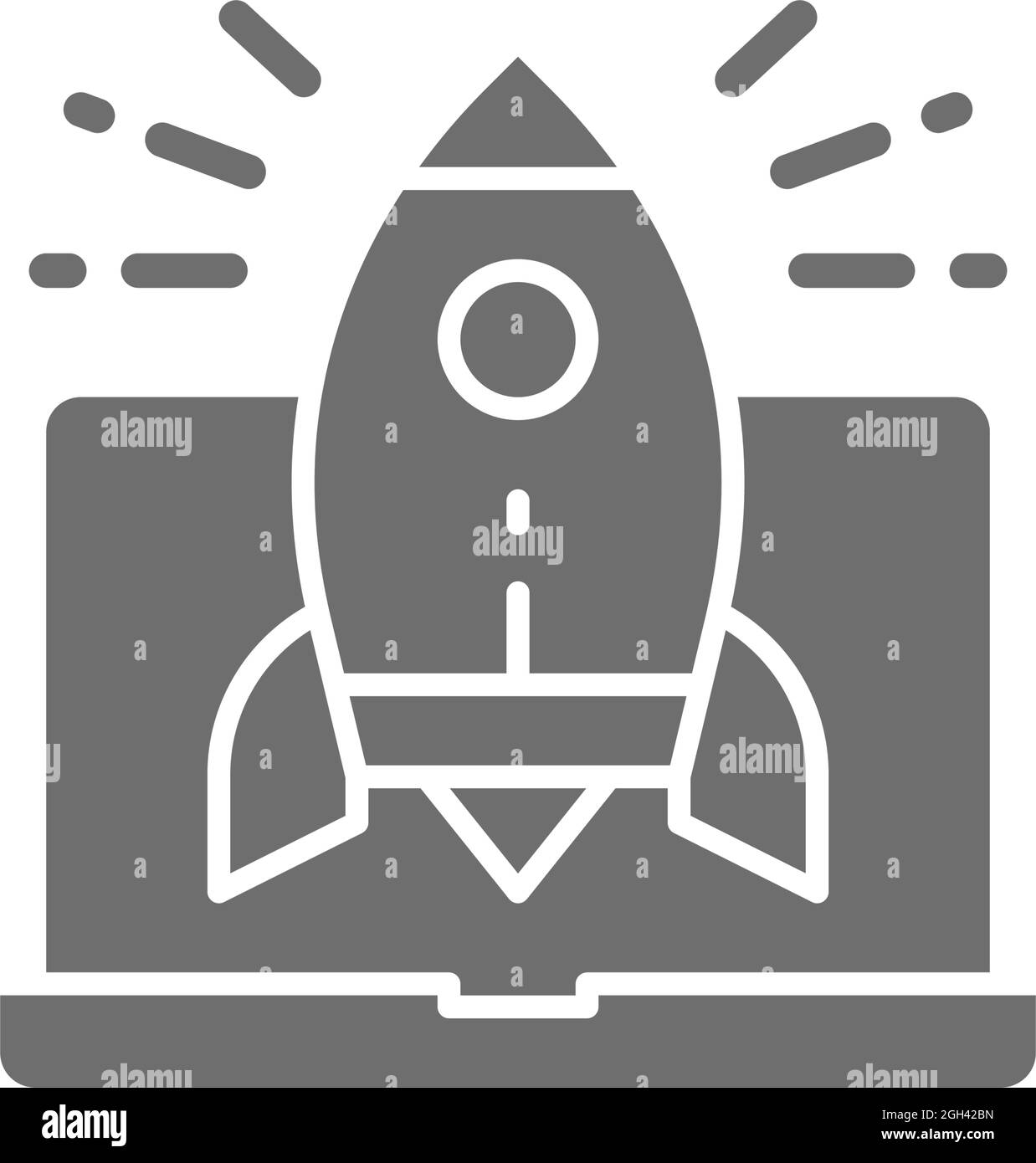 Rocket launch from laptop, startup grey icon. Stock Vector