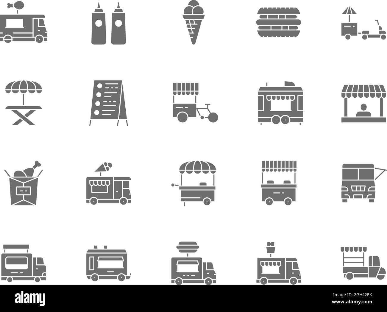 Set of Food Truck Gray Icons. Hot Dog, Sandwich, Picnic Table and more Stock Vector Image & Art