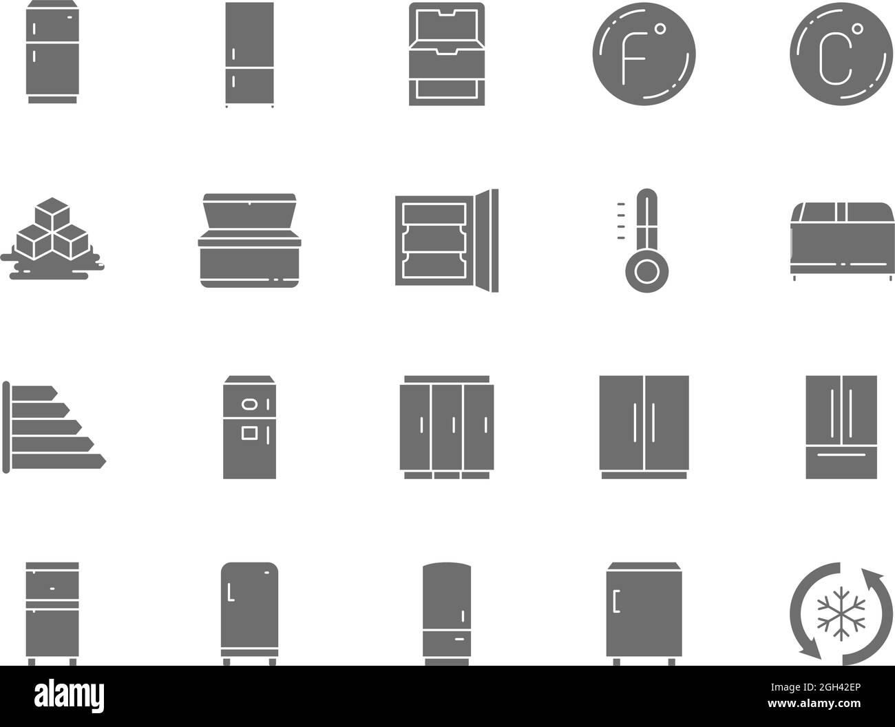 Set of Fridge Grey Icons. Thermometer, Freezer, Refrigerator, Ice Cubes and more Stock Vector