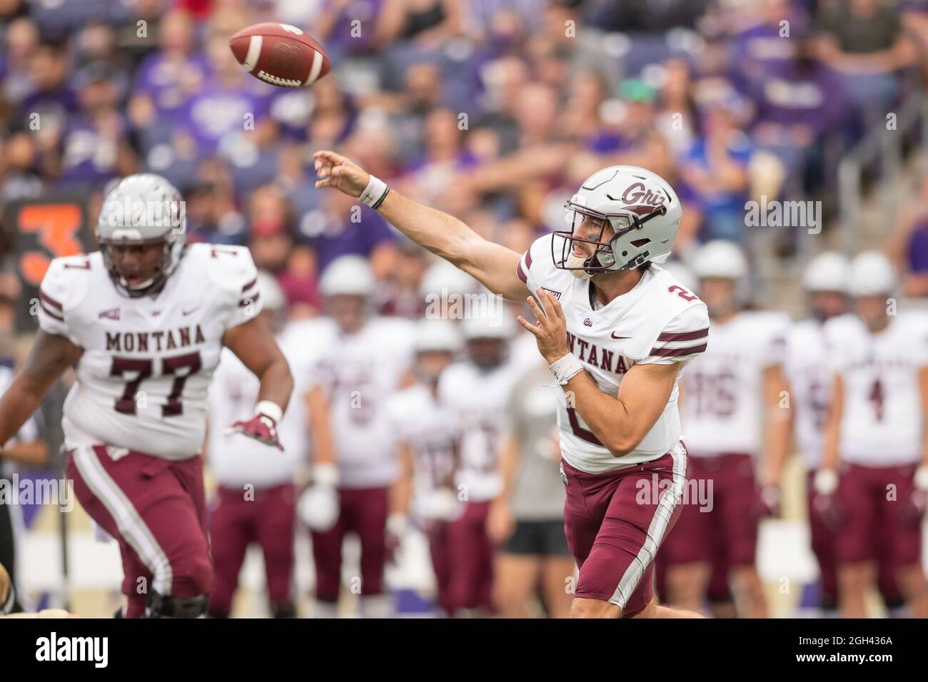 Montana Grizzlies quarterback Camron Humphrey (2) throws the during the second quarter of an NCAA college football game against the Washington Huskies Stock Photo